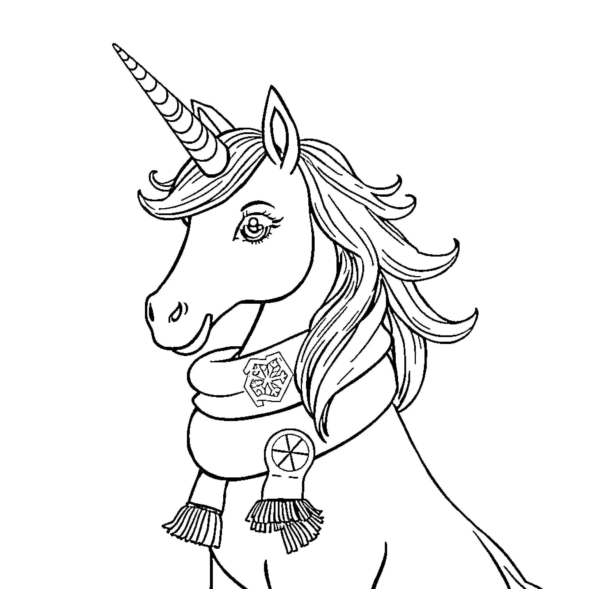 Unicorn with ornate outfit and accessories Coloring Page (free black-and-white line drawing printable PDF for all, from beginners to advanced learners, including children, teens, adults, and seniors)