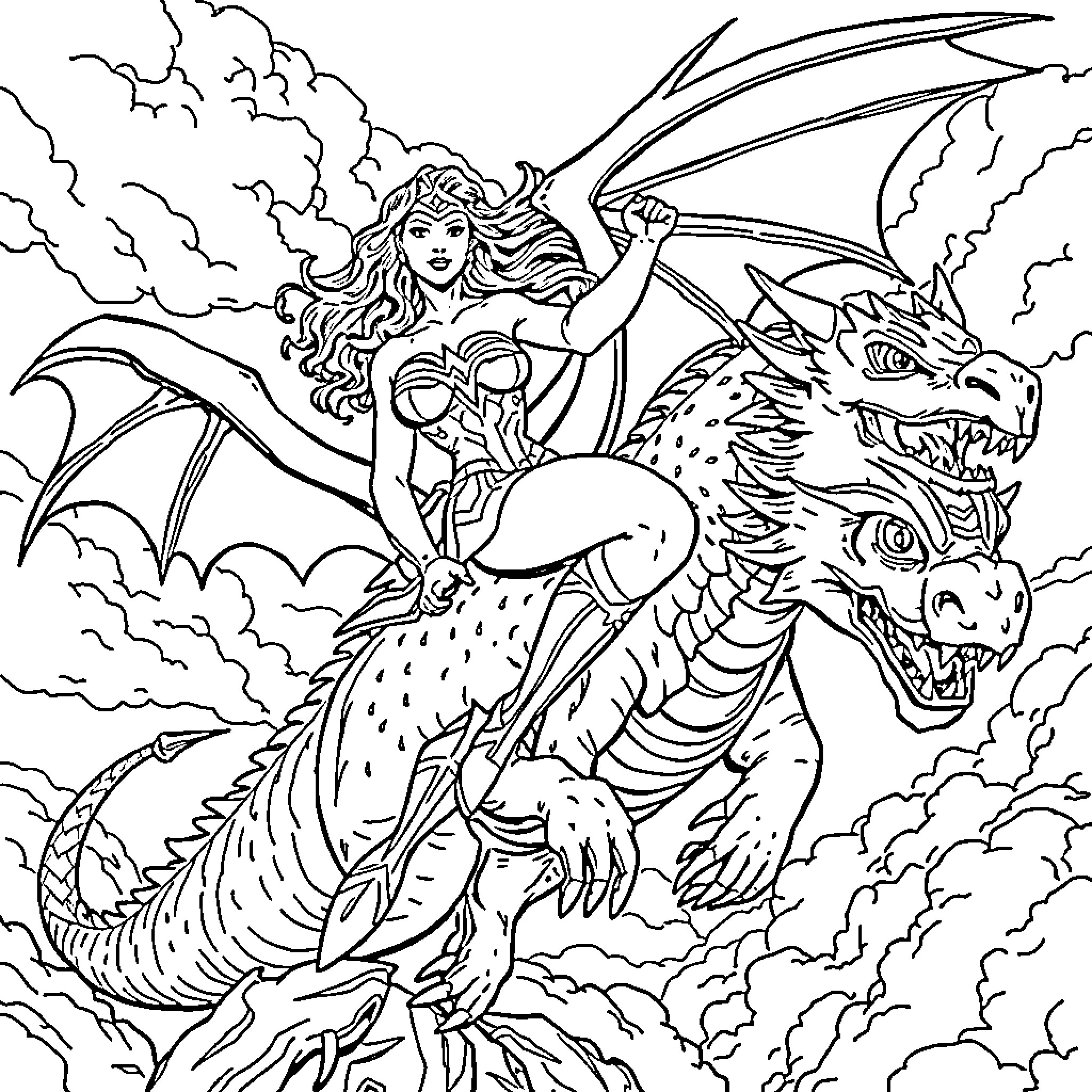 Wonder Woman Riding a Fierce Dragon in the Sky Coloring Page (free black-and-white line drawing printable PDF for all, from beginners to advanced learners, including children, teens, adults, and seniors)