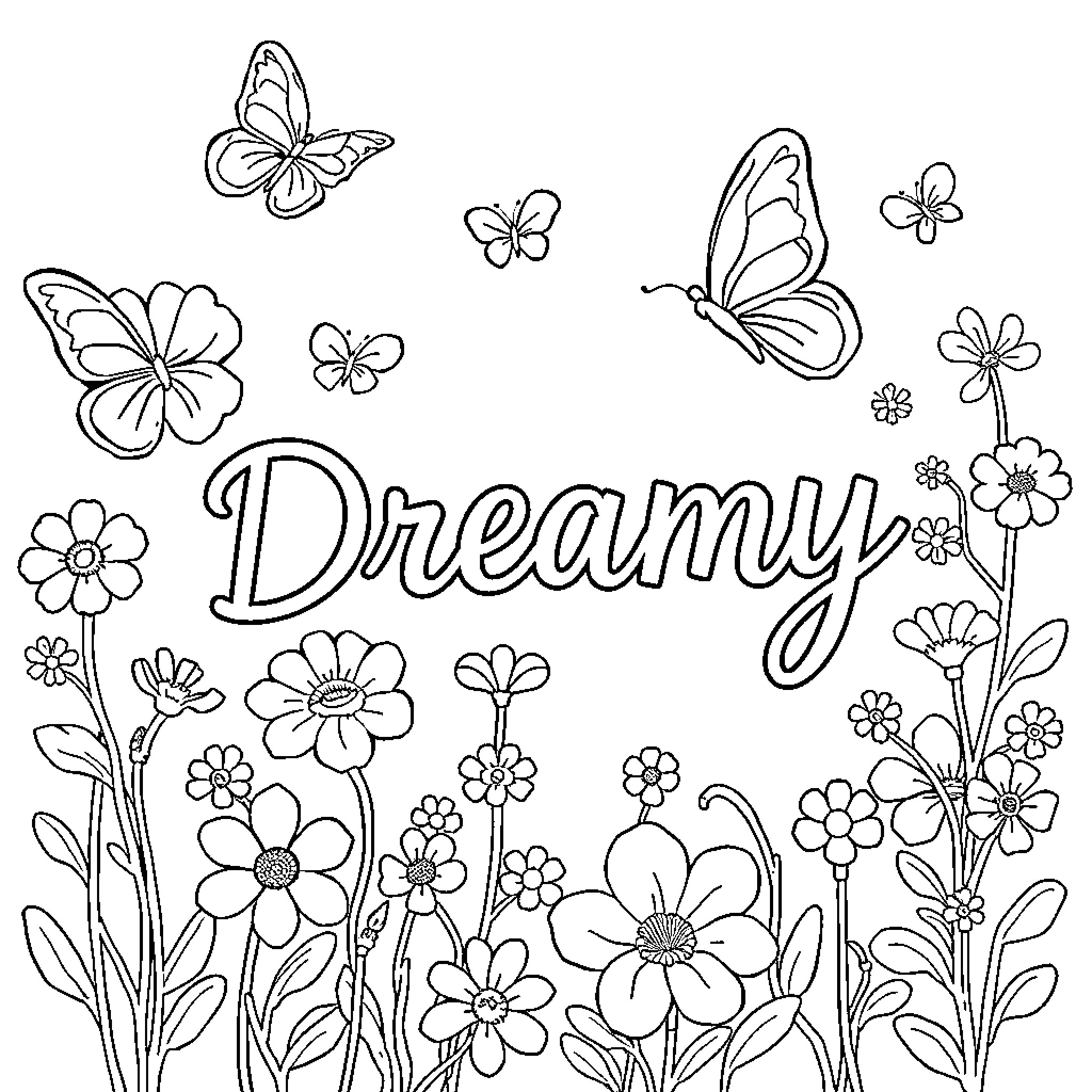 Dream surrounded by whimsical floral and butterflies Coloring Page (free black-and-white line drawing printable PDF for all, from beginners to advanced learners, including children, teens, adults, and seniors)