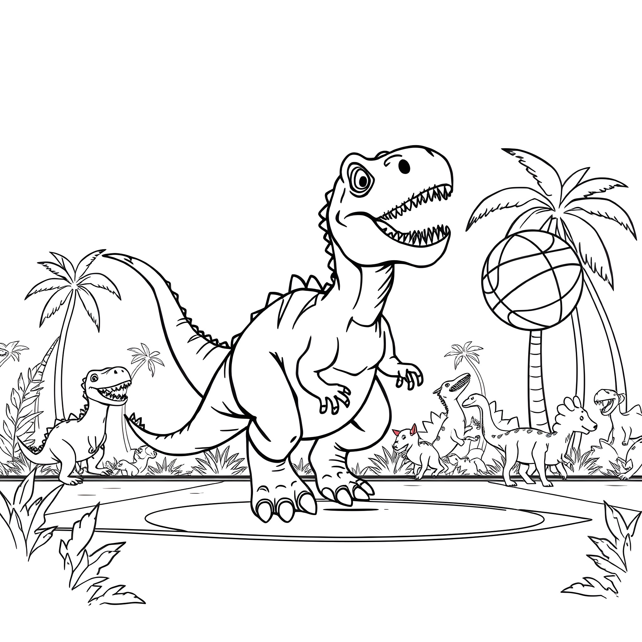Dinosaurs playing with ball in tropical jungle Coloring Page (free black-and-white line drawing printable PDF for all, from beginners to advanced learners, including children, teens, adults, and seniors)