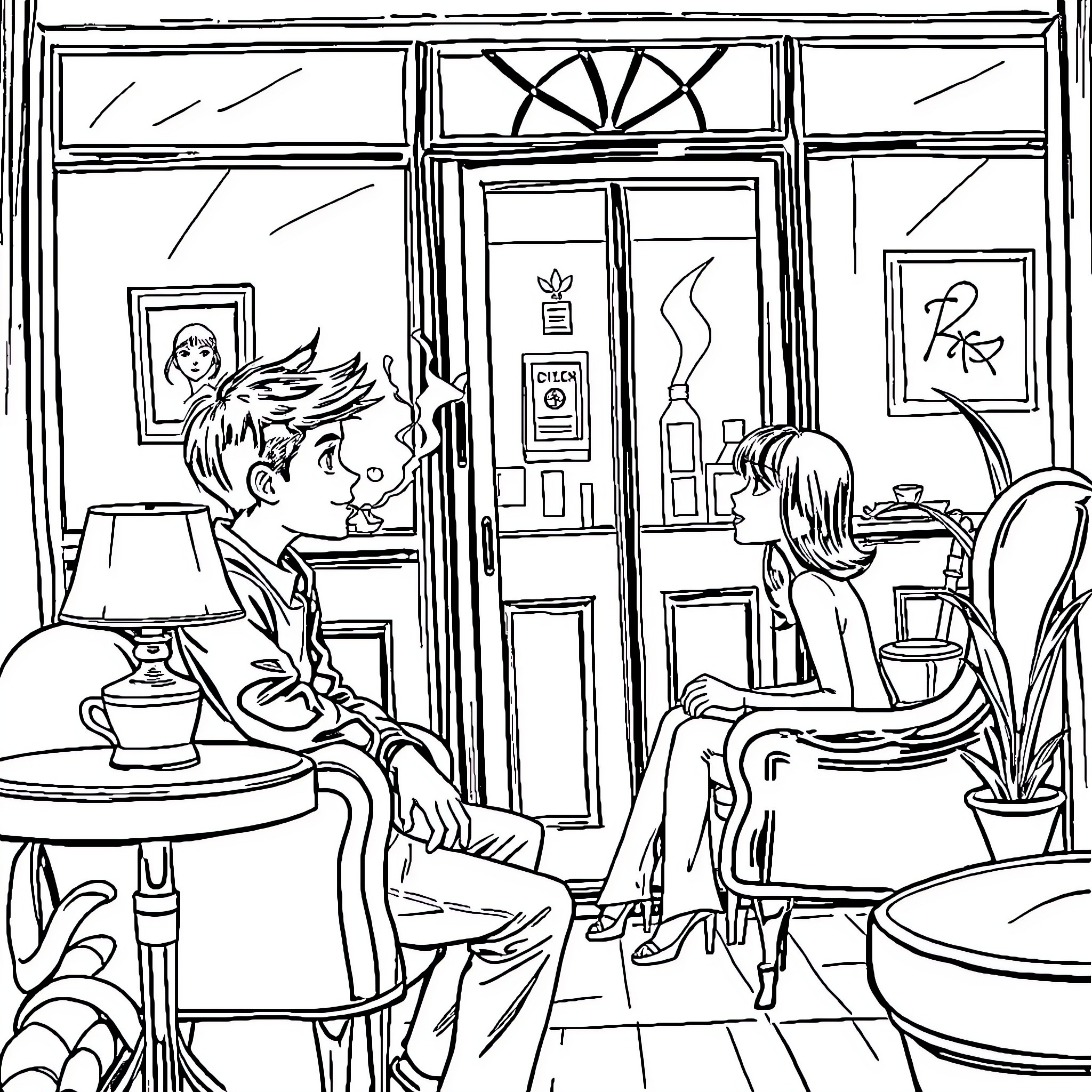Boy and girl conversing in cozy room Coloring Page (free black-and-white line drawing printable PDF for all, from beginners to advanced learners, including children, teens, adults, and seniors)