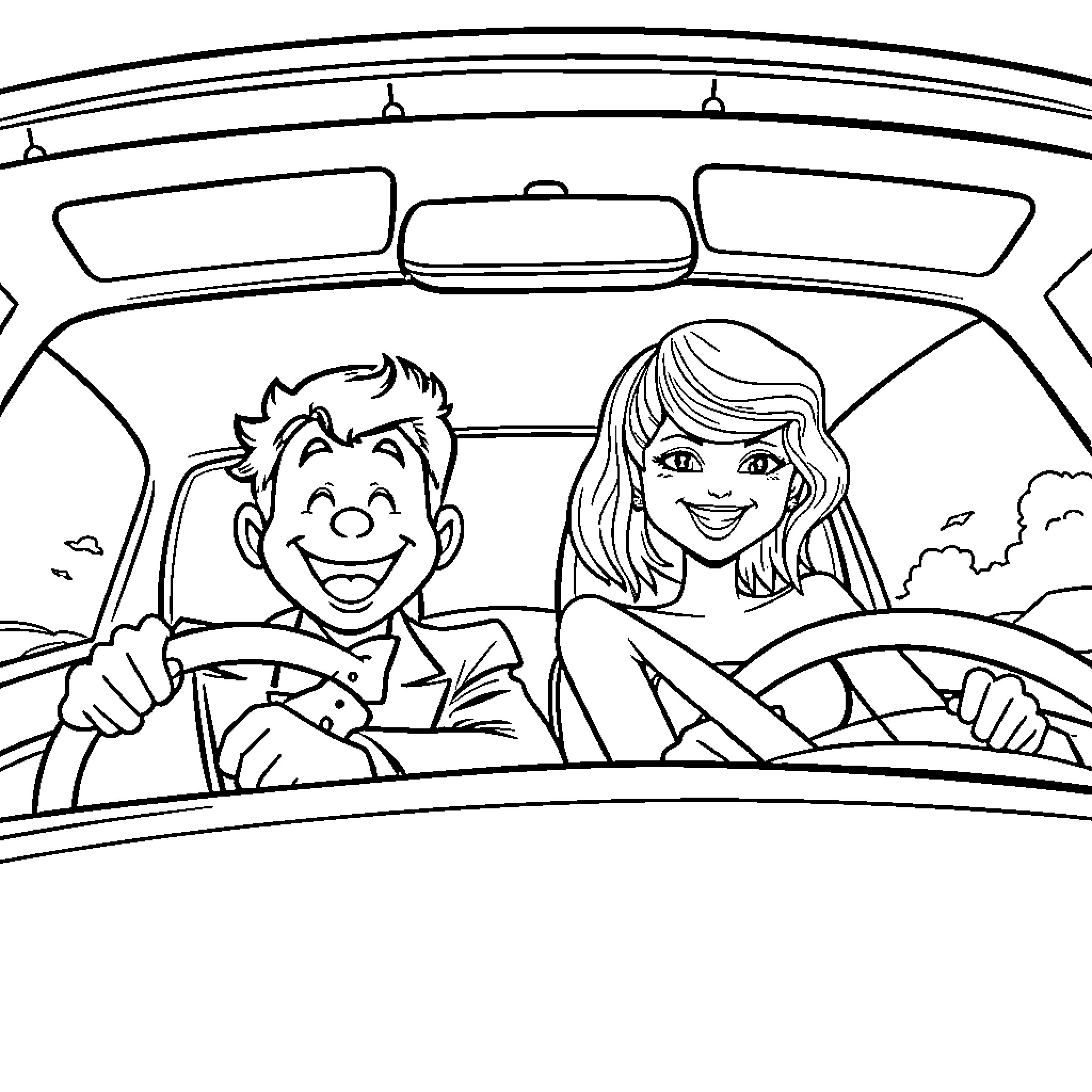 Tuxedo Sam and friend driving happily in car Coloring Page (free black-and-white line drawing printable PDF for all, from beginners to advanced learners, including children, teens, adults, and seniors)
