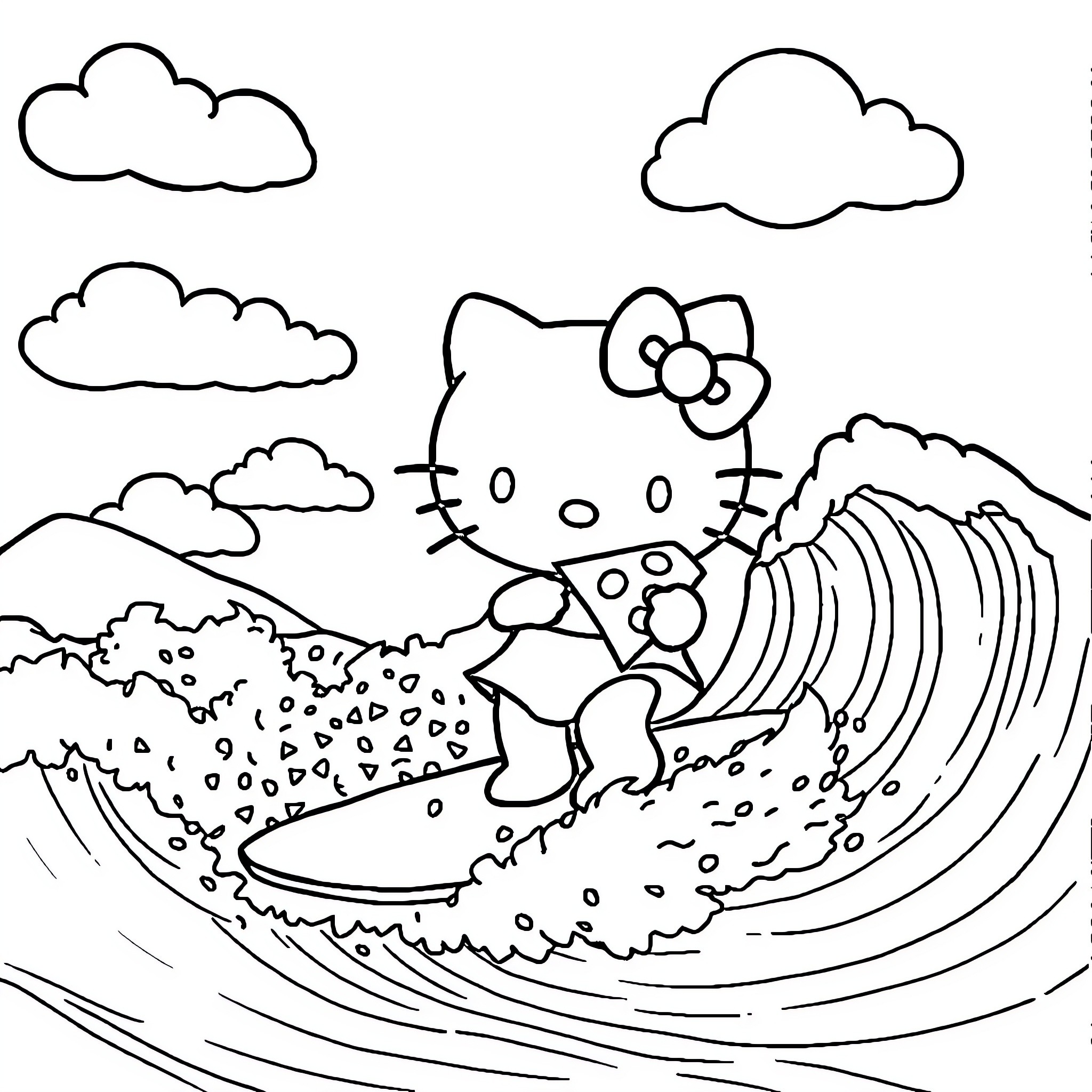 Hello Kitty surfing in the ocean Coloring Page (free black-and-white line drawing printable PDF for all, from beginners to advanced learners, including children, teens, adults, and seniors)