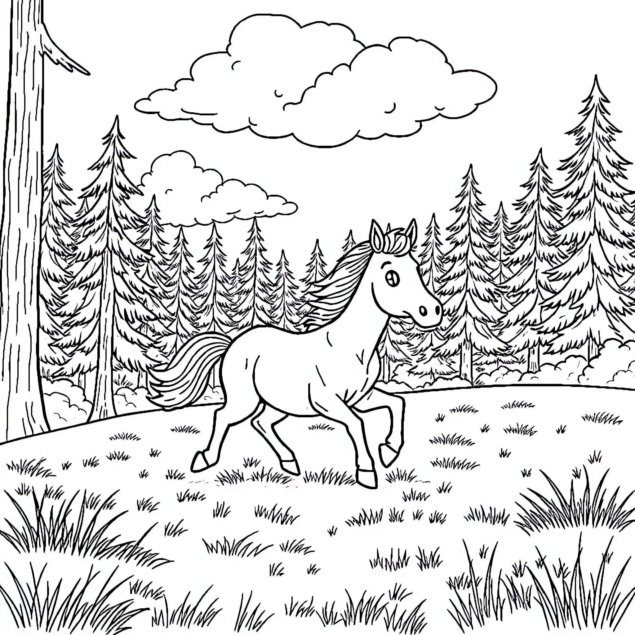 Horse running freely in the forest Coloring Page (free black-and-white line drawing printable PDF for all, from beginners to advanced learners, including children, teens, adults, and seniors)