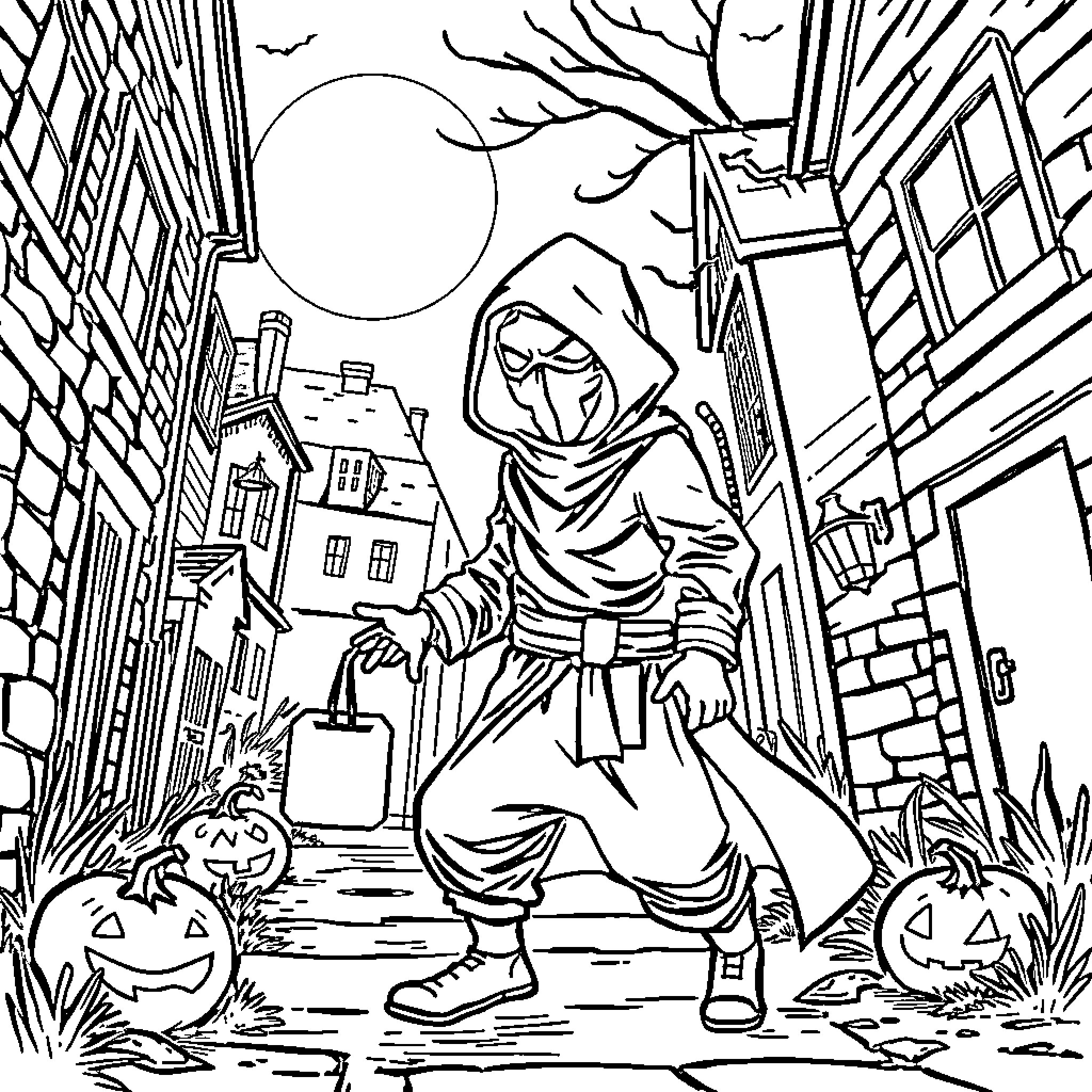 Ninja on a spooky Halloween night Coloring Page (free black-and-white line drawing printable PDF for all, from beginners to advanced learners, including children, teens, adults, and seniors)