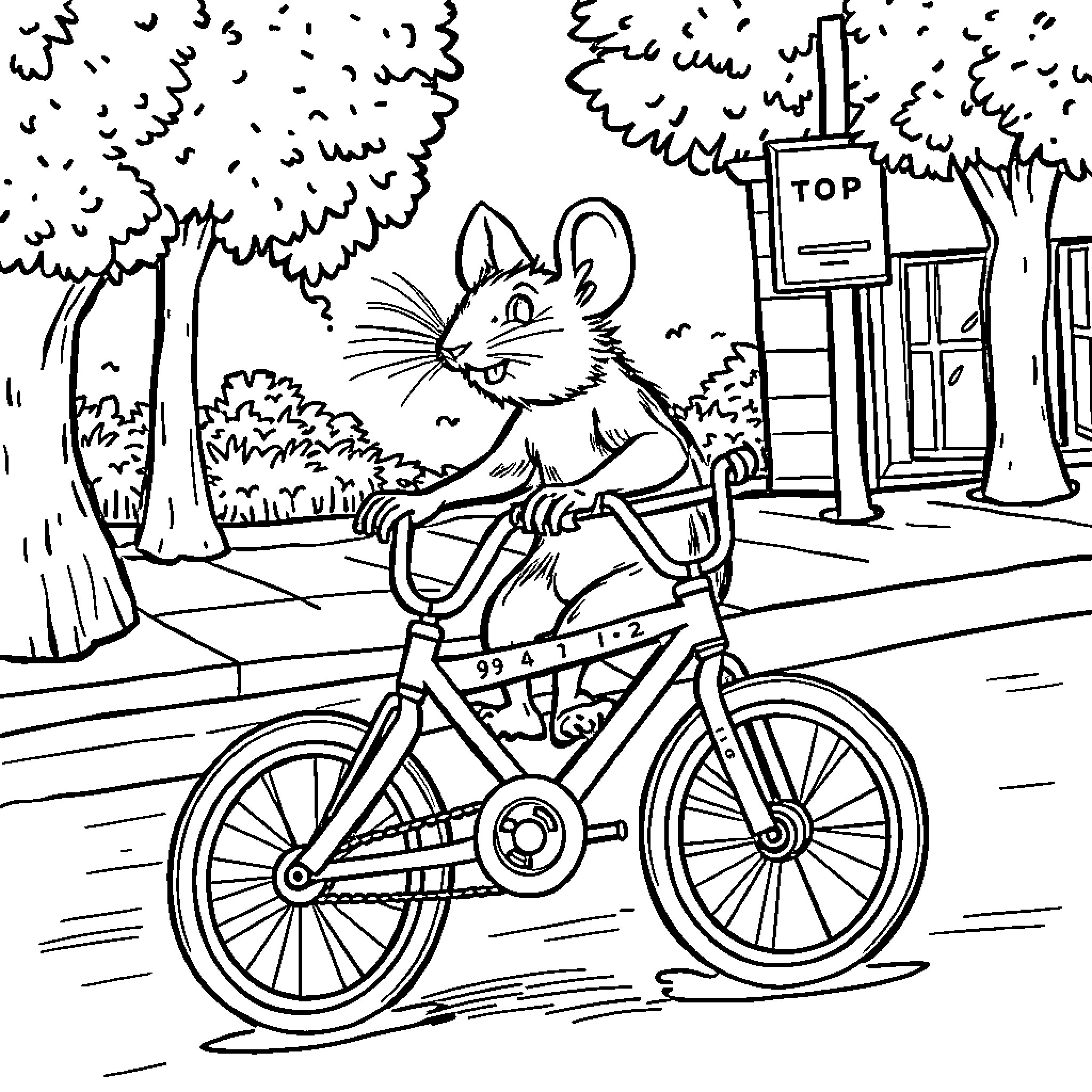 Rat riding a bicycle on the street Coloring Page (free black-and-white line drawing printable PDF for all, from beginners to advanced learners, including children, teens, adults, and seniors)