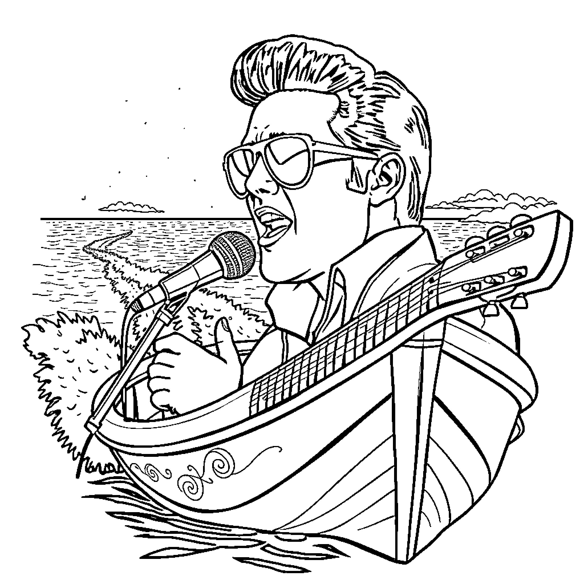 Elvis Singing Passionately with Guitar on Boat Coloring Page (free black-and-white line drawing printable PDF for all, from beginners to advanced learners, including children, teens, adults, and seniors)