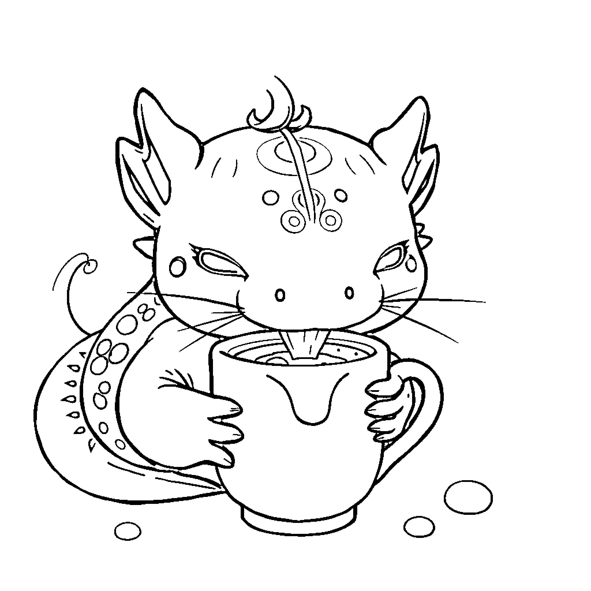 Axolotl enjoying a cup of tea Coloring Page (free black-and-white line drawing printable PDF for all, from beginners to advanced learners, including children, teens, adults, and seniors)