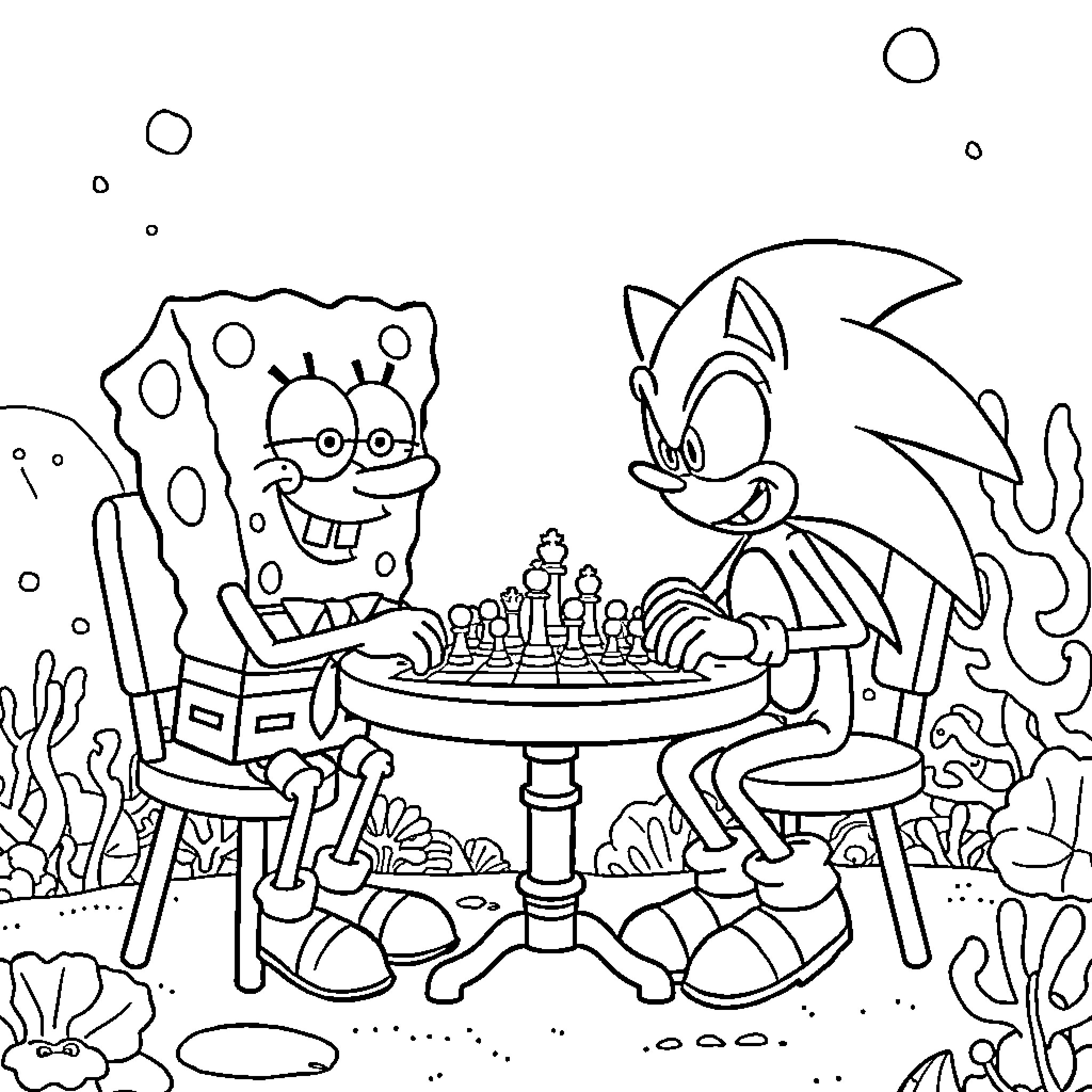 Spongebob and Sonic playing chess under the sea Coloring Page (free black-and-white line drawing printable PDF for all, from beginners to advanced learners, including children, teens, adults, and seniors)