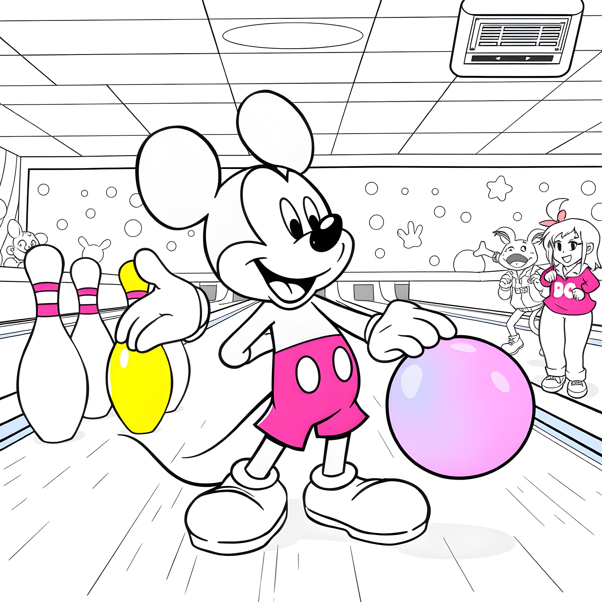 Mickey Mouse bowling with friends in the alley Coloring Page (free black-and-white line drawing printable PDF for all, from beginners to advanced learners, including children, teens, adults, and seniors)