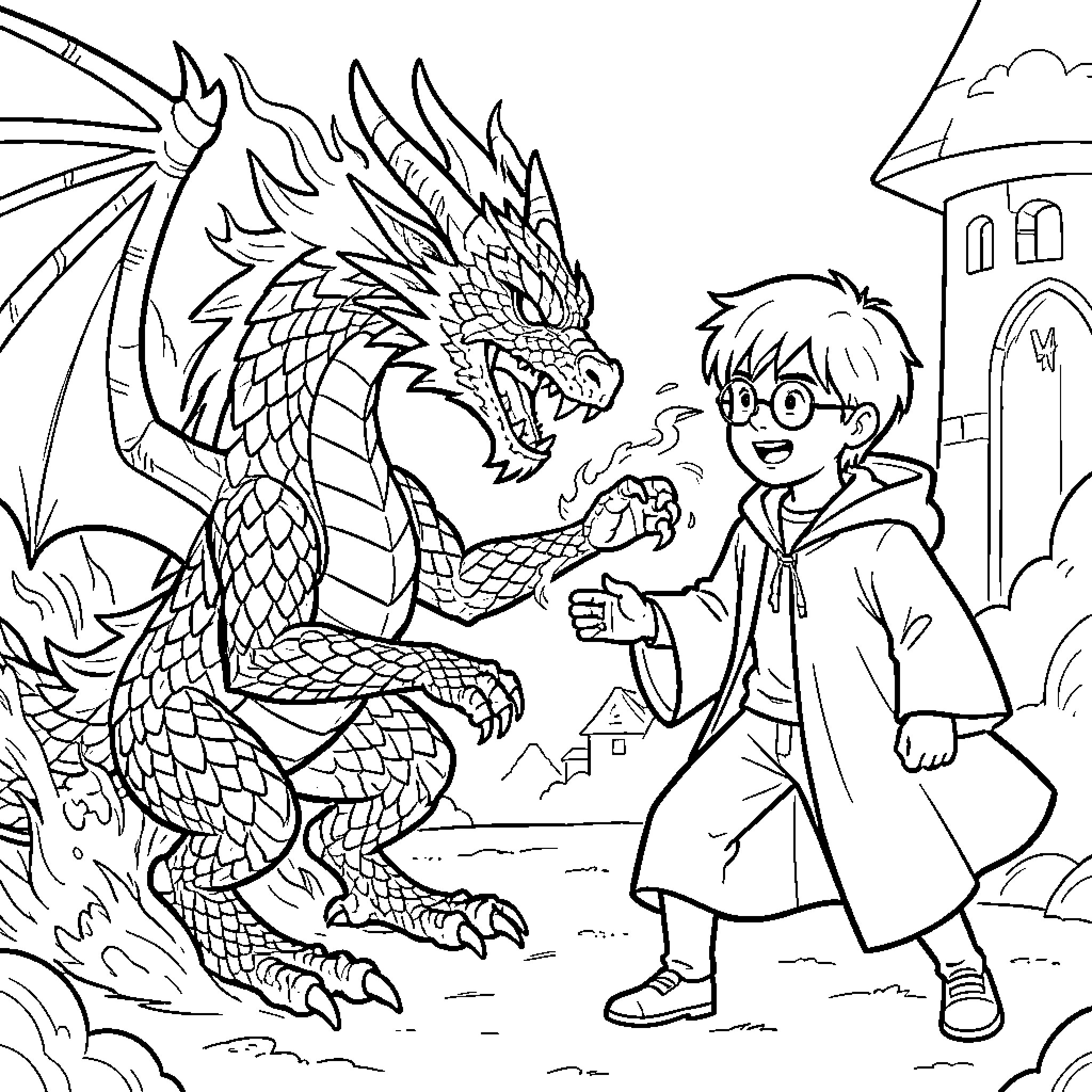 Dragofeu: Boy encountering a fearsome dragon Coloring Page (free black-and-white line drawing printable PDF for all, from beginners to advanced learners, including children, teens, adults, and seniors)