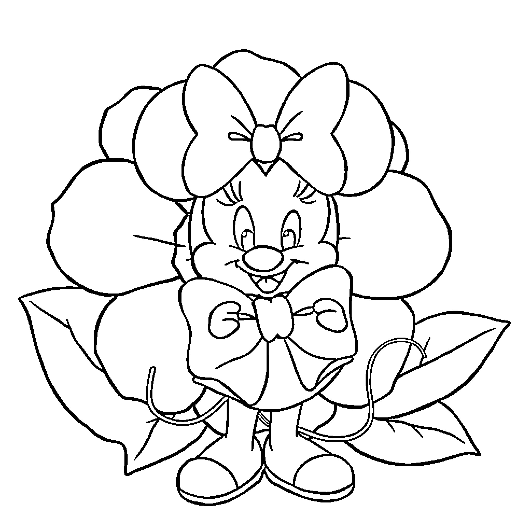 Minnie Mouse in Floral Outfit Coloring Page (free black-and-white line drawing printable PDF for all, from beginners to advanced learners, including children, teens, adults, and seniors)