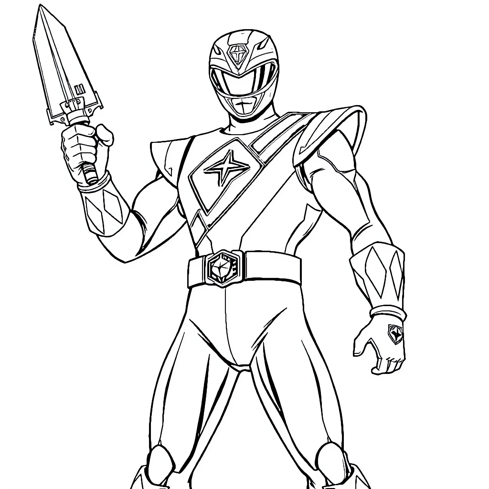 Power Ranger Wielding Sword in Heroic Pose Coloring Page (free black-and-white line drawing printable PDF for all, from beginners to advanced learners, including children, teens, adults, and seniors)