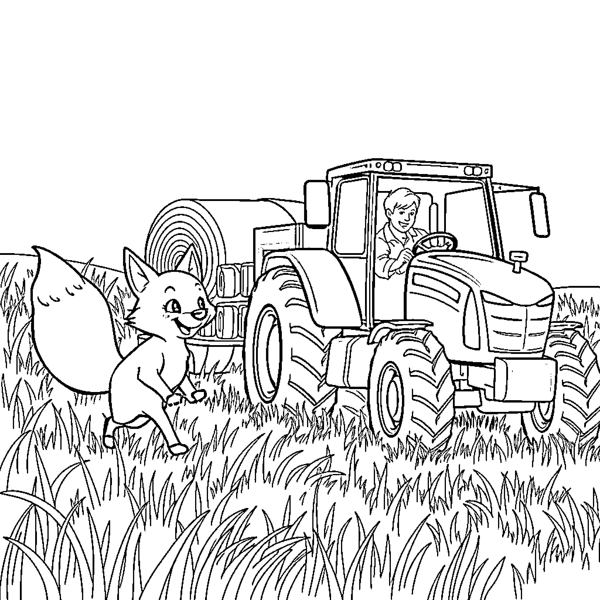 Fox exploring a farm with a tractor in the field Coloring Page (free black-and-white line drawing printable PDF for all, from beginners to advanced learners, including children, teens, adults, and seniors)
