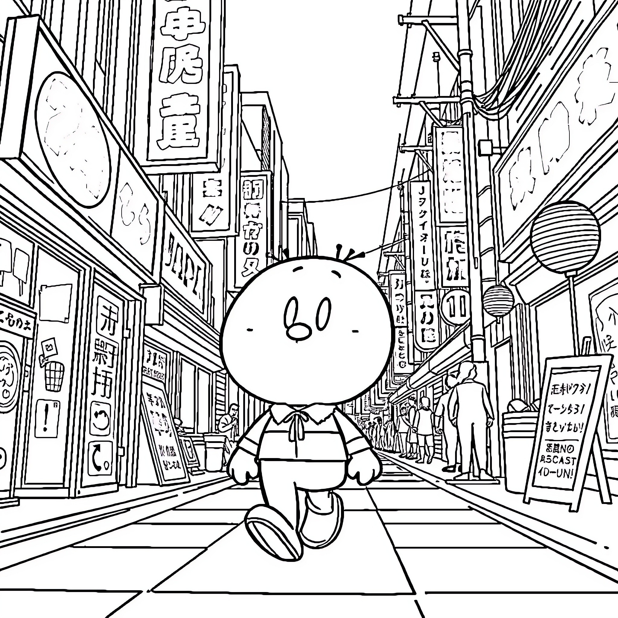 Gumball character walking in busy urban setting Coloring Page (free black-and-white line drawing printable PDF for all, from beginners to advanced learners, including children, teens, adults, and seniors)