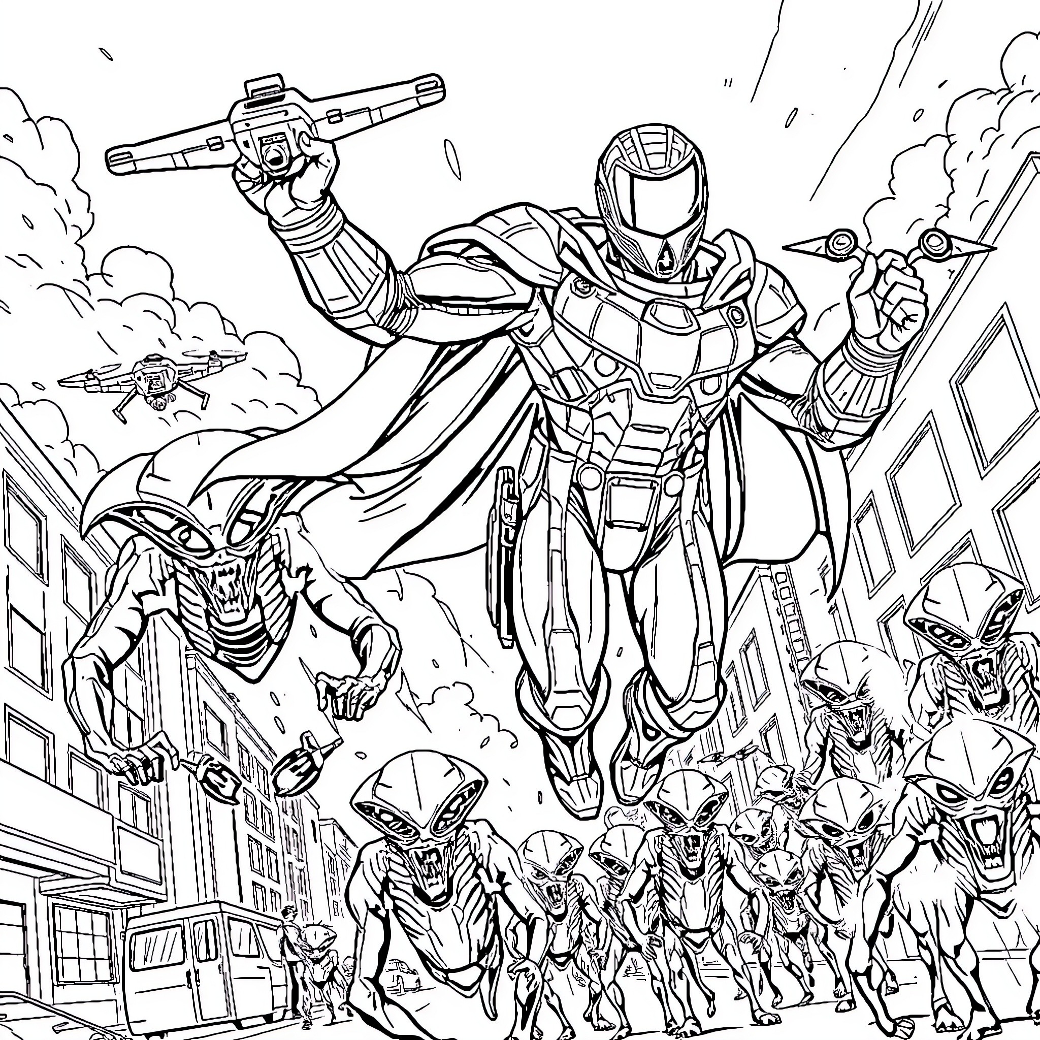 Superhero Battles Alien Invasion in Action-Packed Scene Coloring Page (free black-and-white line drawing printable PDF for all, from beginners to advanced learners, including children, teens, adults, and seniors)