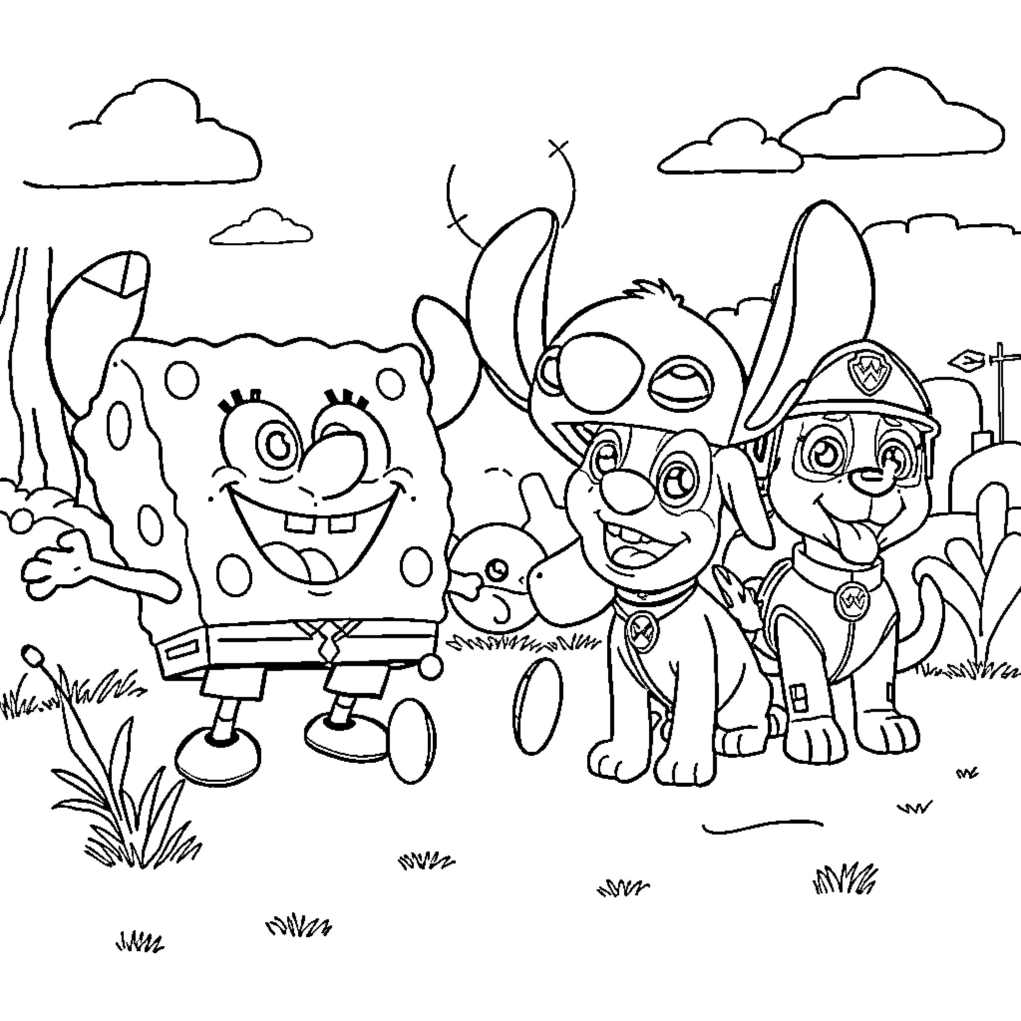 Stitch and friends explore the outdoors Coloring Page (free black-and-white line drawing printable PDF for all, from beginners to advanced learners, including children, teens, adults, and seniors)