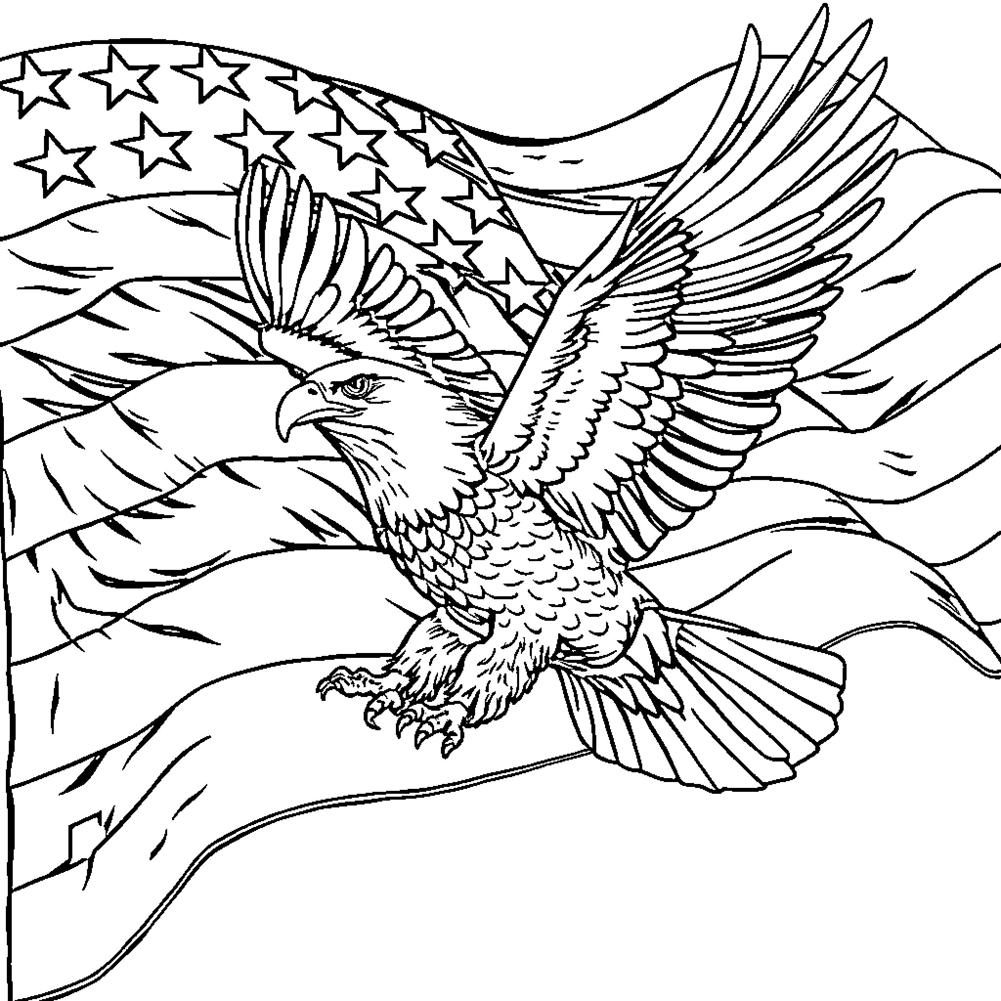 Eagle soaring proudly with American flag backdrop Coloring Page (free black-and-white line drawing printable PDF for all, from beginners to advanced learners, including children, teens, adults, and seniors)