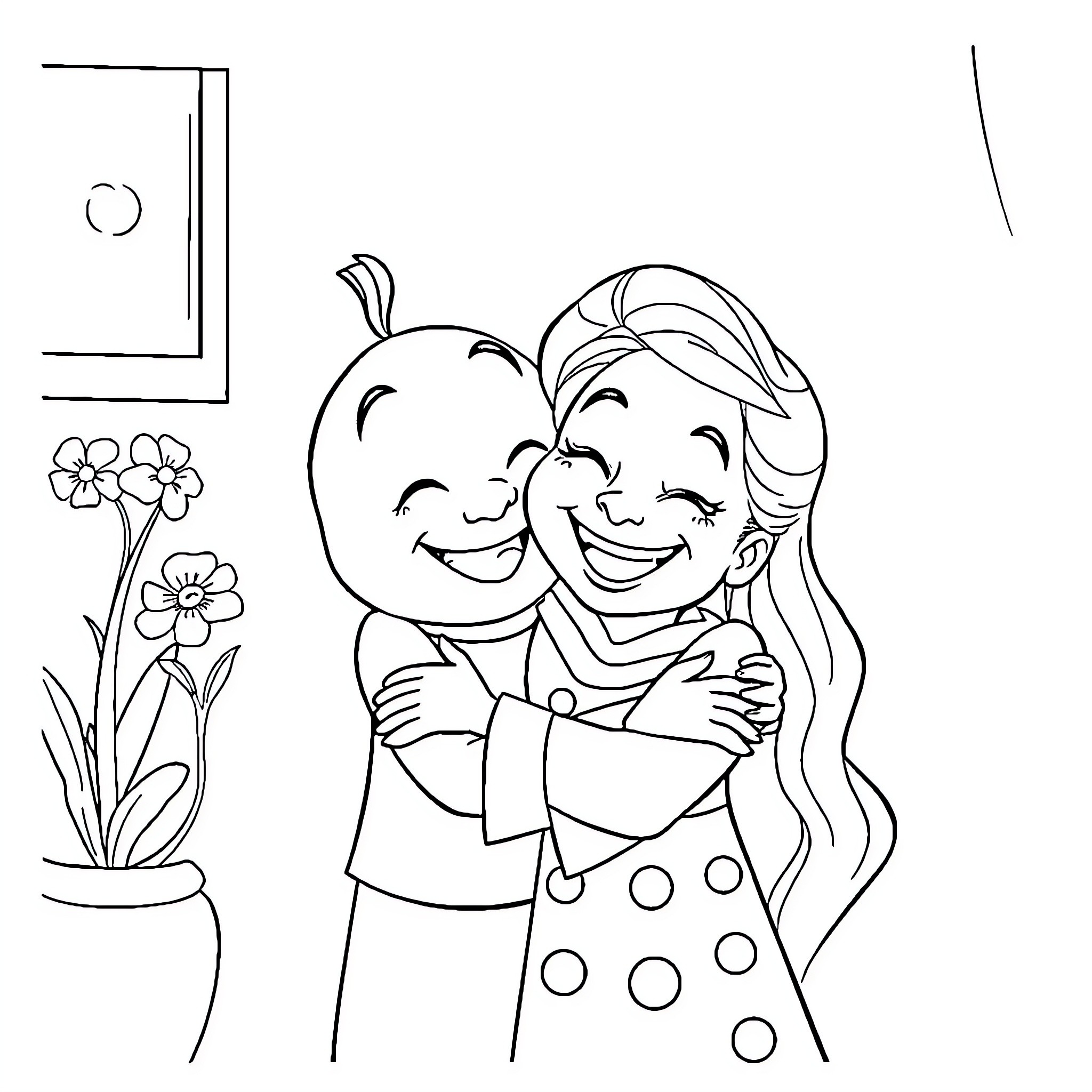 Bingo friends hugging with joy Coloring Page (free black-and-white line drawing printable PDF for all, from beginners to advanced learners, including children, teens, adults, and seniors)
