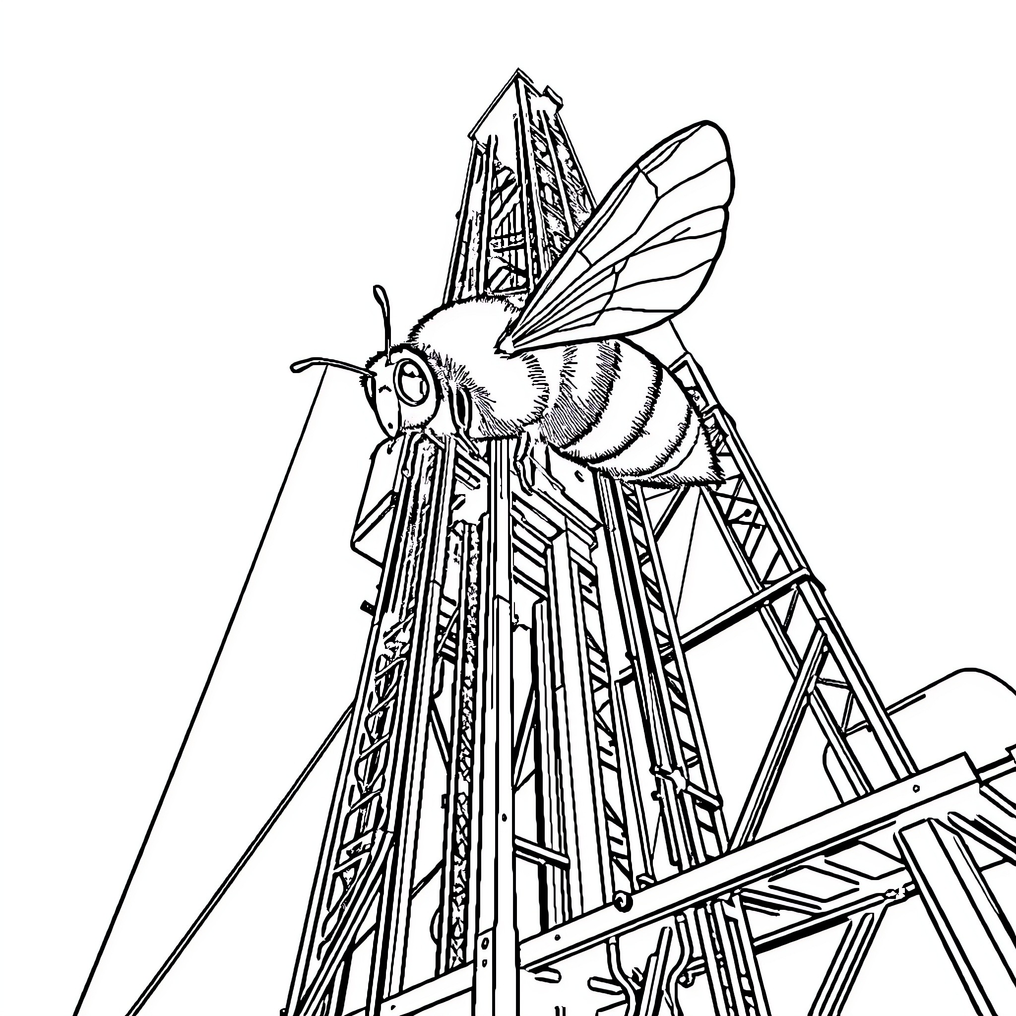 Bee exploring intricate industrial structures Coloring Page (free black-and-white line drawing printable PDF for all, from beginners to advanced learners, including children, teens, adults, and seniors)
