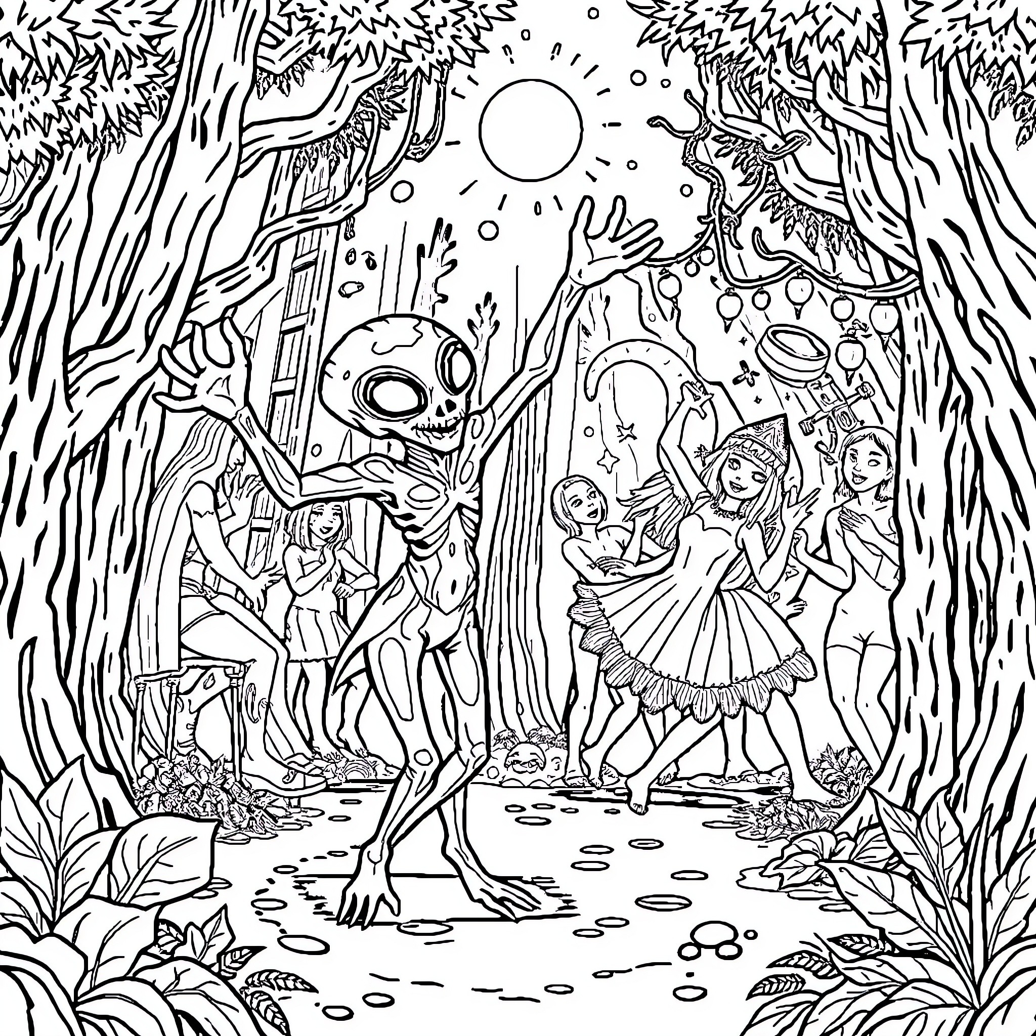 Alien creatures in a whimsical forest scene Coloring Page (free black-and-white line drawing printable PDF for all, from beginners to advanced learners, including children, teens, adults, and seniors)