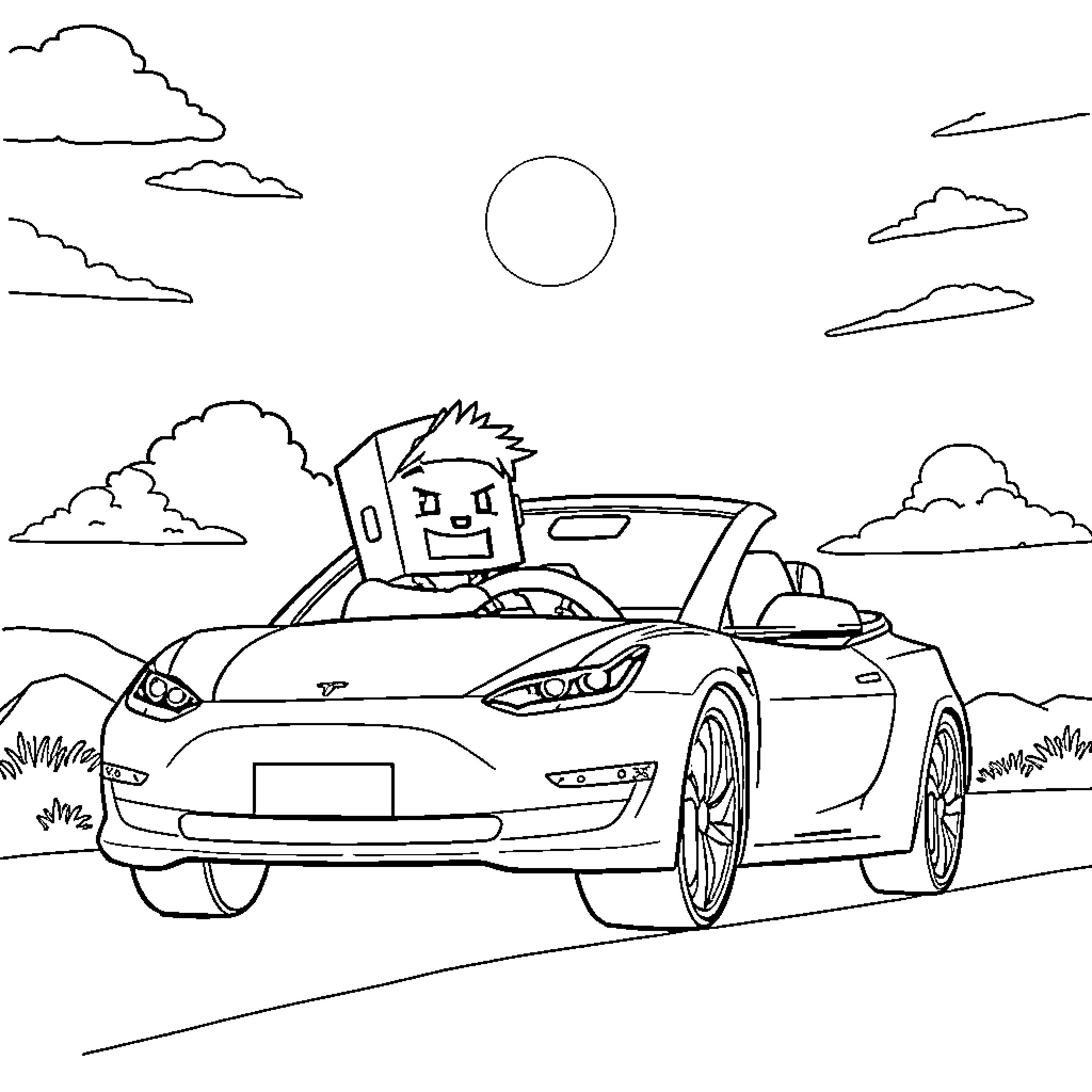 Peeley's Driving Adventure Coloring Page (free black-and-white line drawing printable PDF for all, from beginners to advanced learners, including children, teens, adults, and seniors)