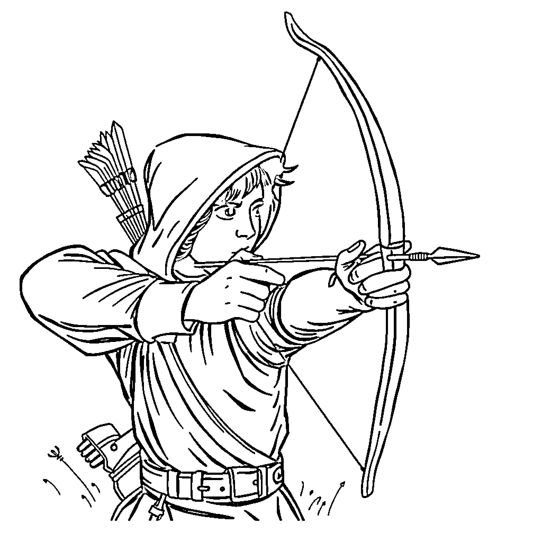 Archer aiming bow with arrow in action pose Coloring Page (free black-and-white line drawing printable PDF for all, from beginners to advanced learners, including children, teens, adults, and seniors)