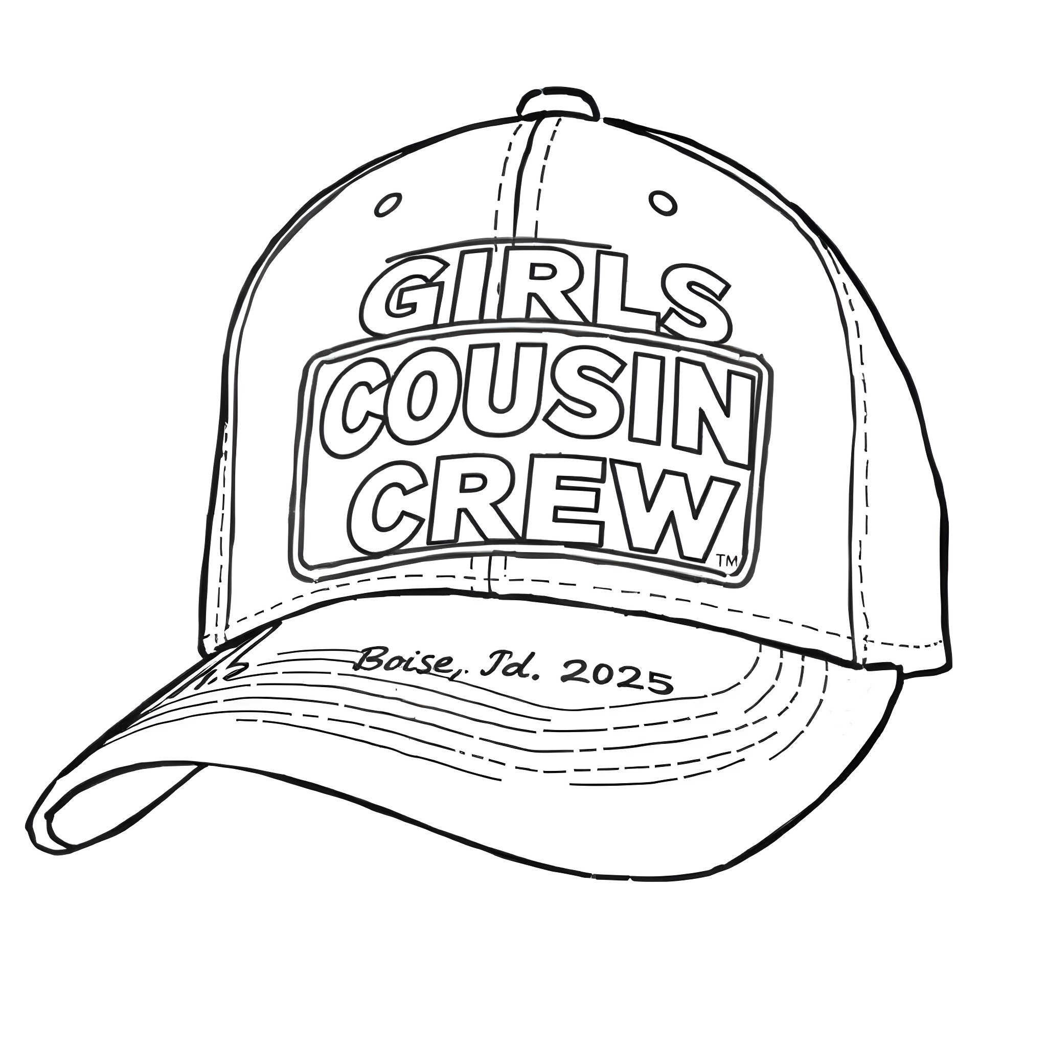 Hat with Girls Cousin Crew text and date Coloring Page (free black-and-white line drawing printable PDF for all, from beginners to advanced learners, including children, teens, adults, and seniors)