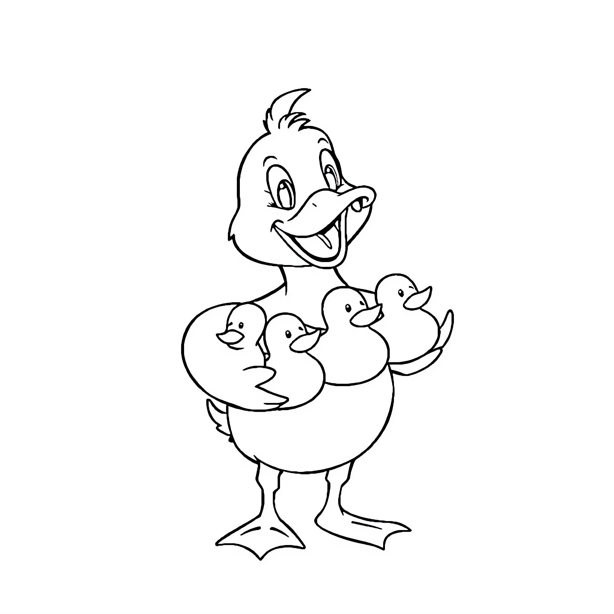 Duck with Cute Ducklings Coloring Page (free black-and-white line drawing printable PDF for all, from beginners to advanced learners, including children, teens, adults, and seniors)