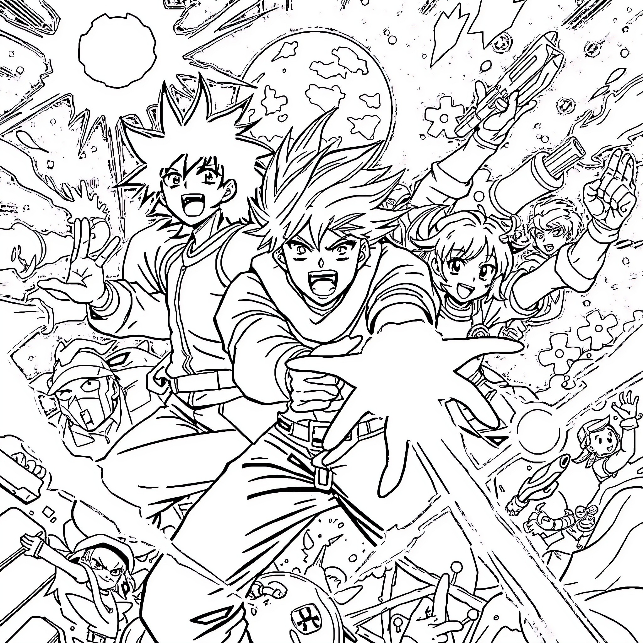 Anime Characters in Epic Battle Scene Coloring Page (free black-and-white line drawing printable PDF for all, from beginners to advanced learners, including children, teens, adults, and seniors)