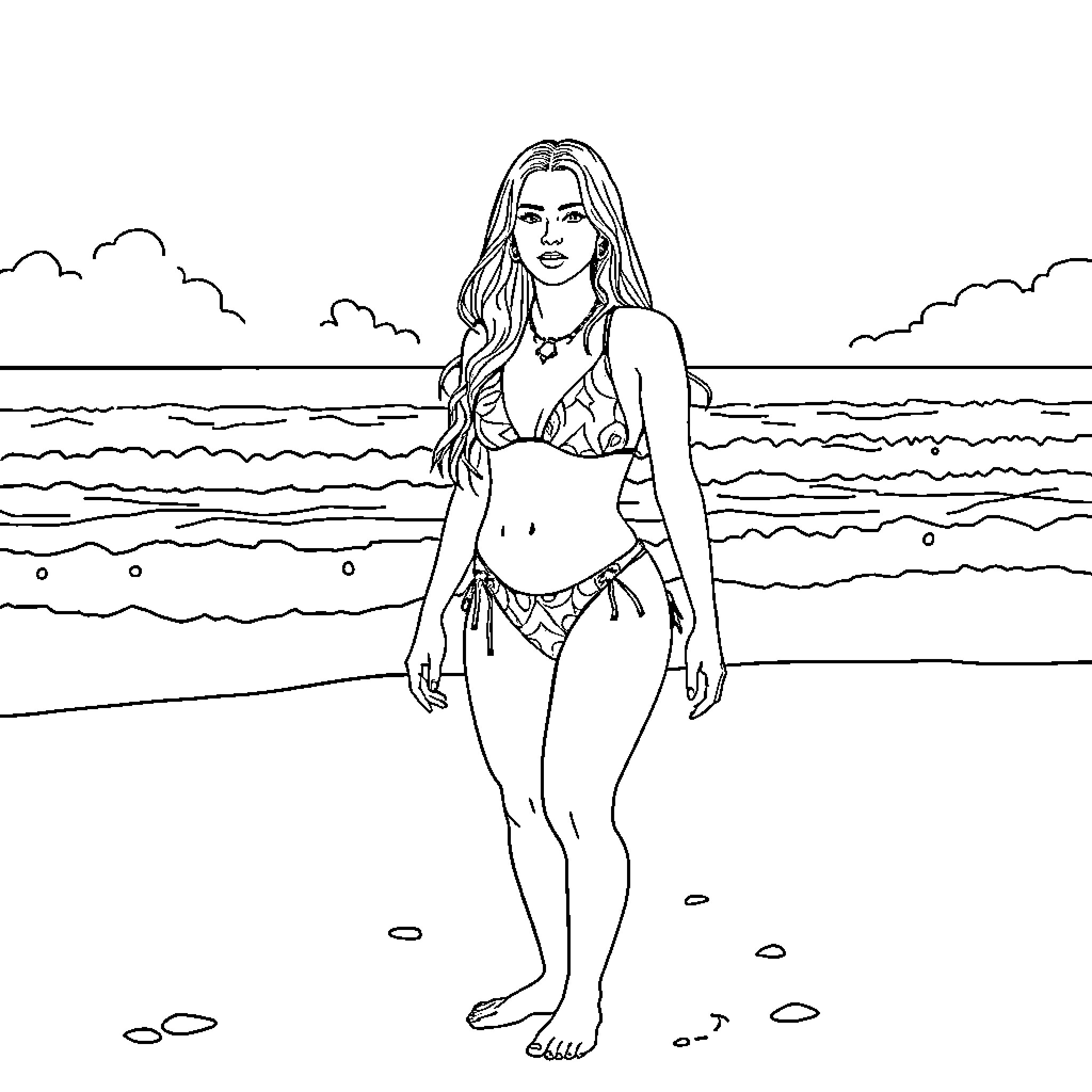 Billie Eilish in a beachside outfit Coloring Page (free black-and-white line drawing printable PDF for all, from beginners to advanced learners, including children, teens, adults, and seniors)