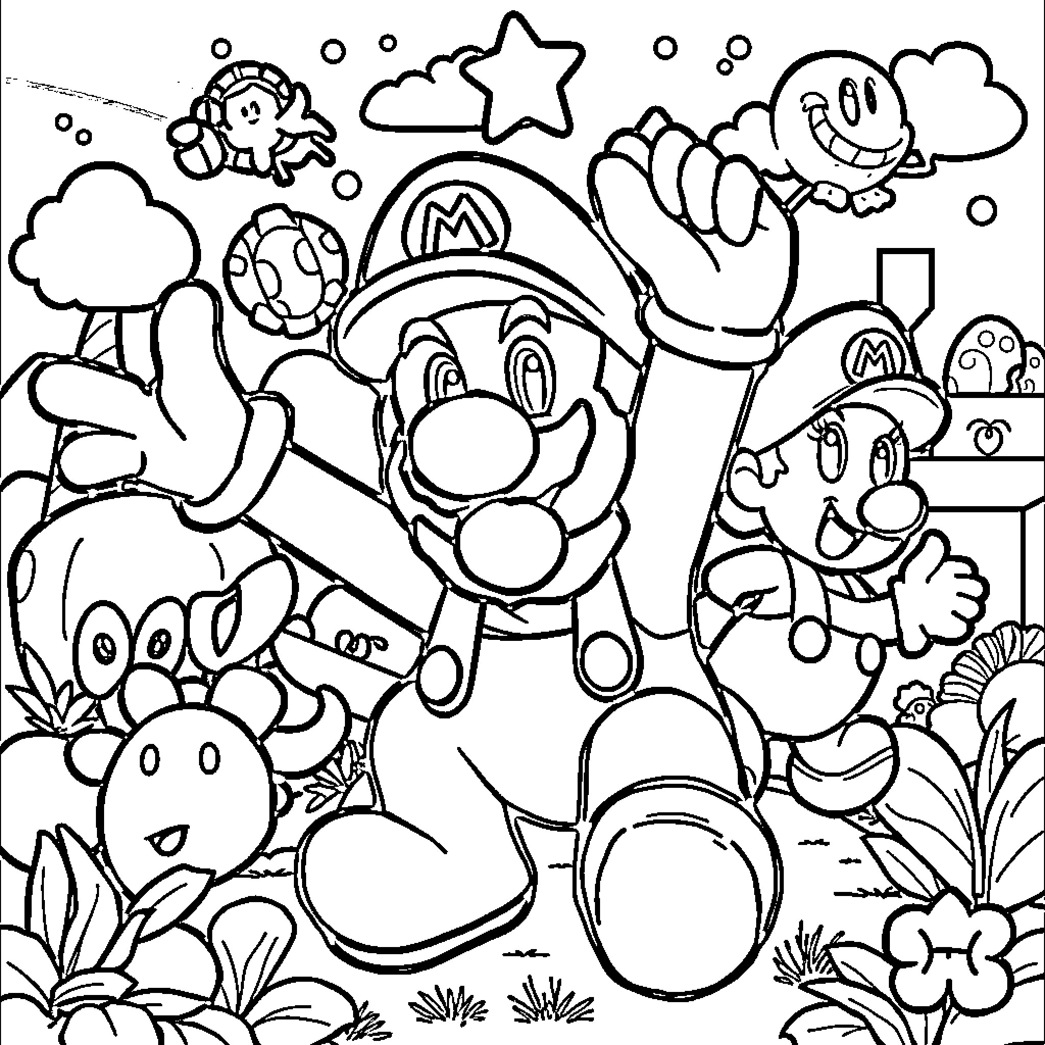 Mario's Lively Adventure in a Whimsical World Coloring Page (free black-and-white line drawing printable PDF for all, from beginners to advanced learners, including children, teens, adults, and seniors)