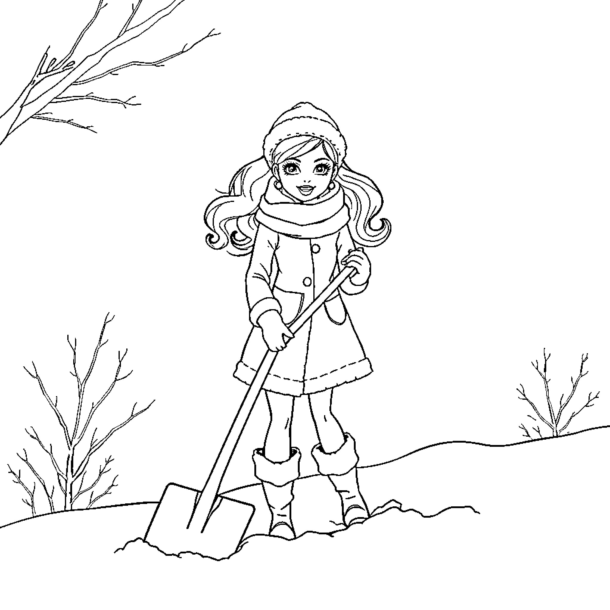 Barbie enjoying a snowy day with winter attire Coloring Page (free black-and-white line drawing printable PDF for all, from beginners to advanced learners, including children, teens, adults, and seniors)
