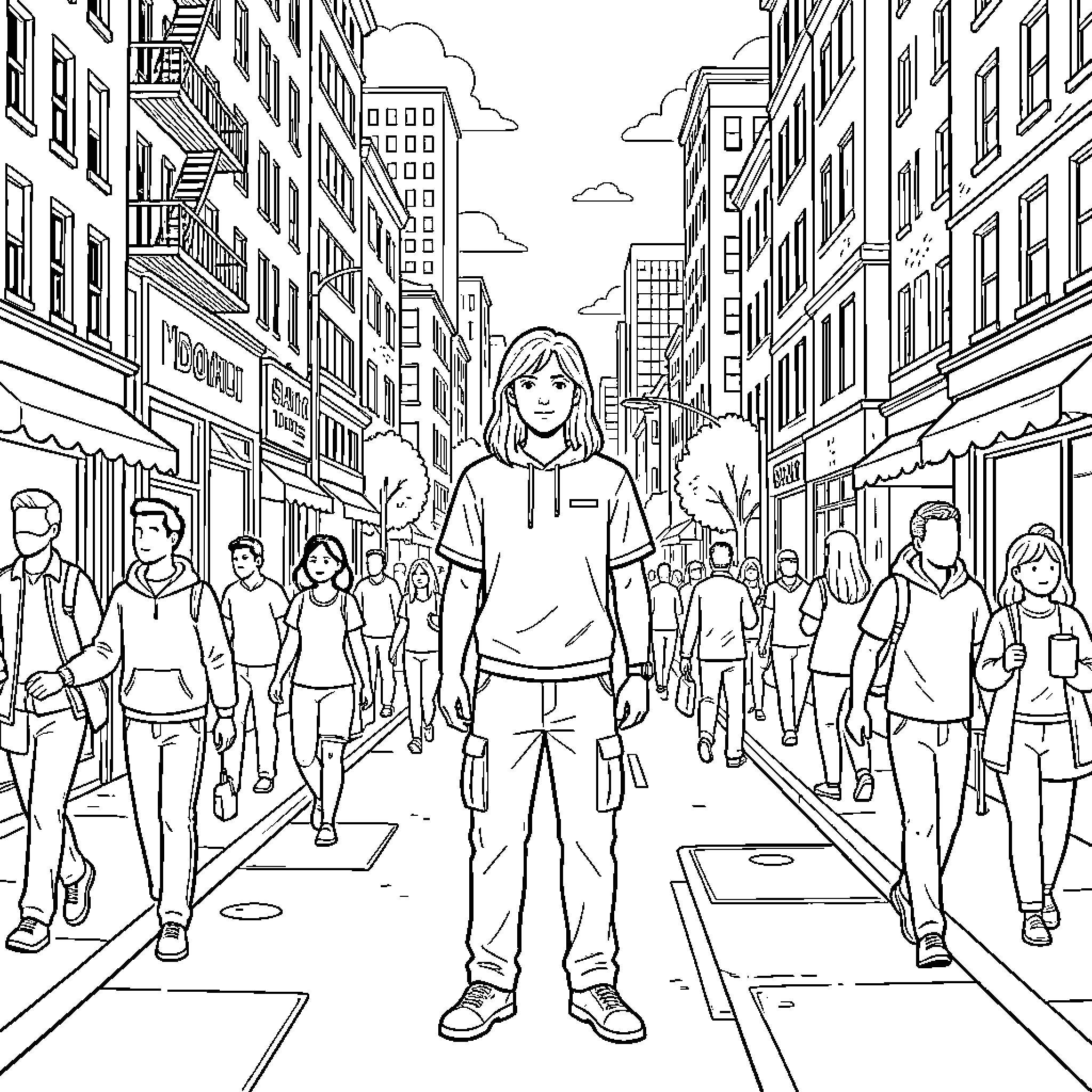 Person standing calmly on a busy city street Coloring Page (free black-and-white line drawing printable PDF for all, from beginners to advanced learners, including children, teens, adults, and seniors)