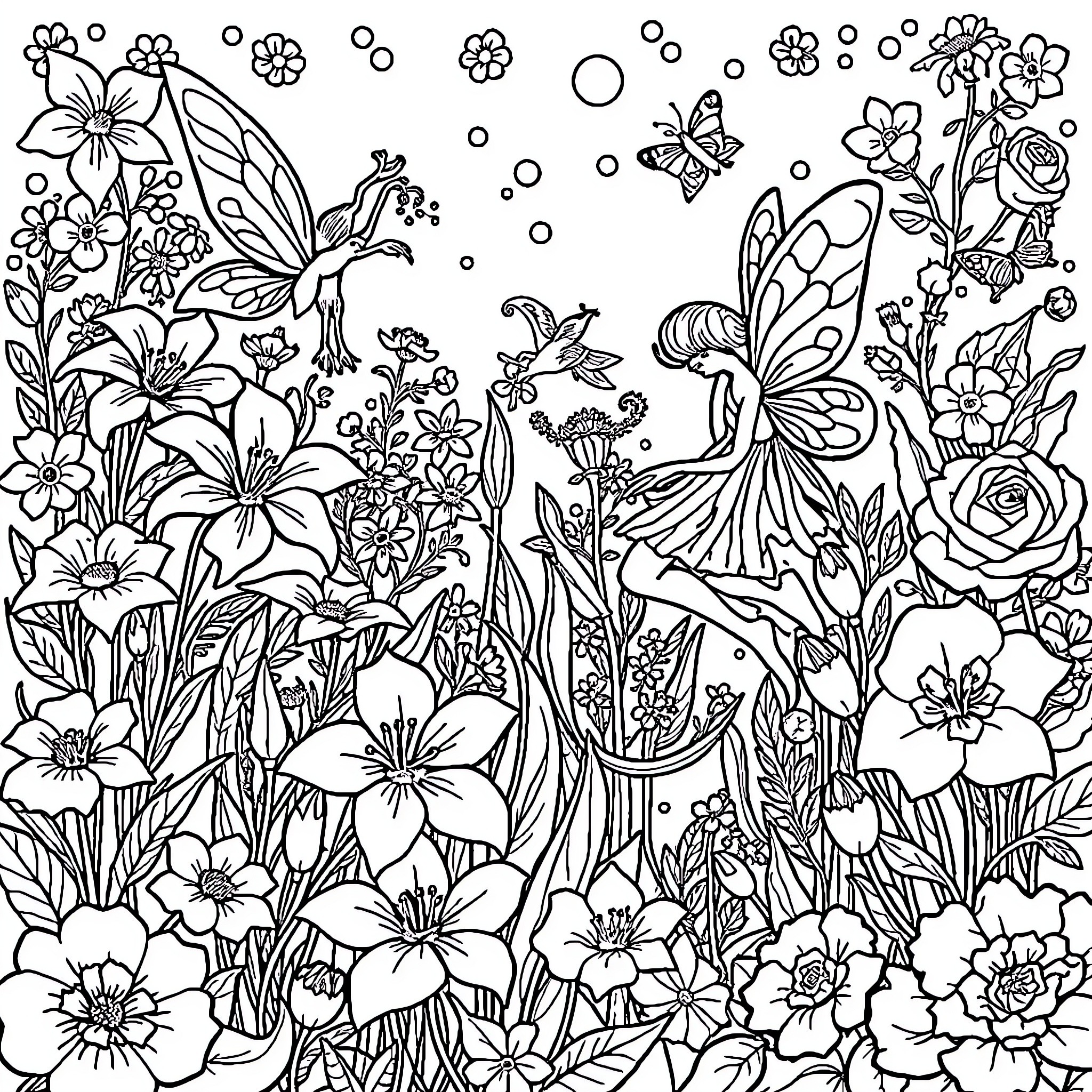 Flower fairies and butterflies in the enchanted garden Coloring Page (free black-and-white line drawing printable PDF for all, from beginners to advanced learners, including children, teens, adults, and seniors)