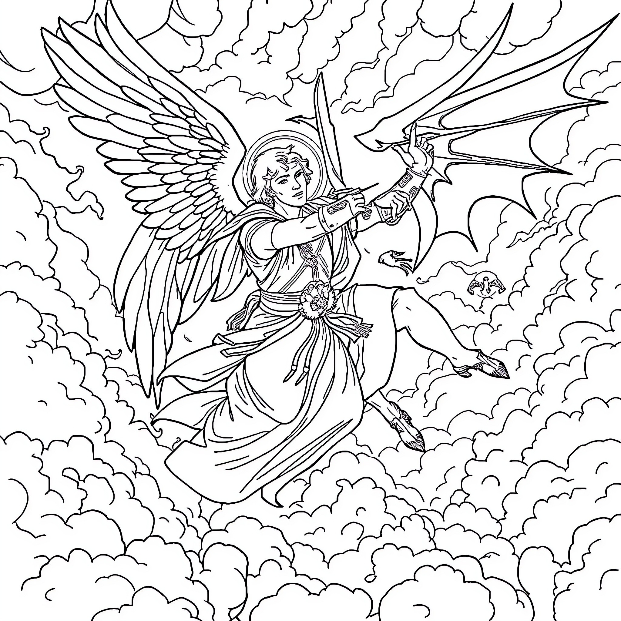 Arcangel San Miguel in Heroic Celestial Battle Coloring Page (free black-and-white line drawing printable PDF for all, from beginners to advanced learners, including children, teens, adults, and seniors)