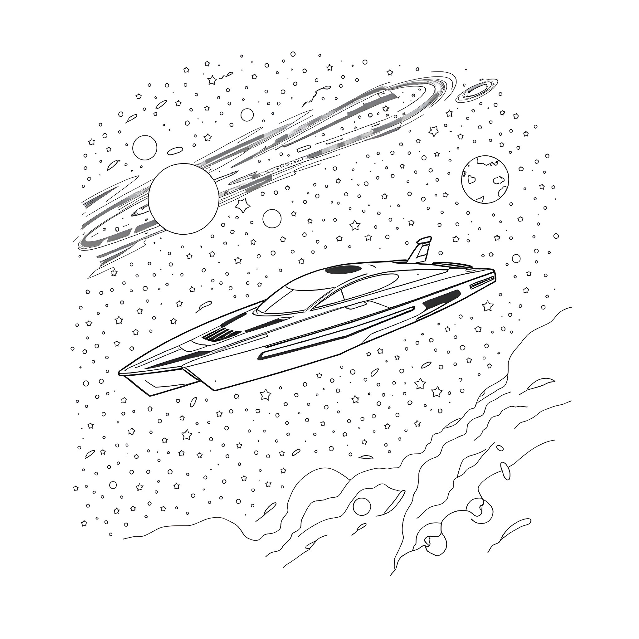 Incat starships soaring through the cosmos Coloring Page (free black-and-white line drawing printable PDF for all, from beginners to advanced learners, including children, teens, adults, and seniors)
