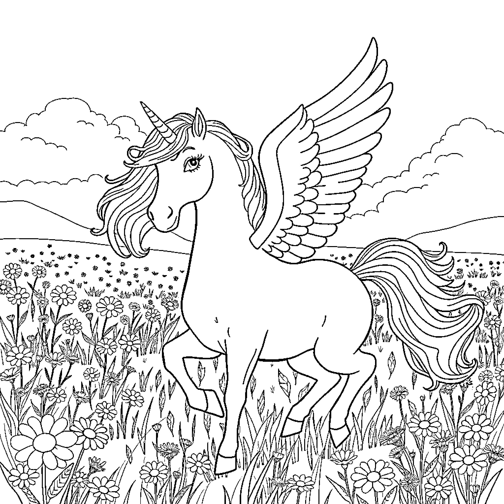 Unicorn with Magnificent Wings in Floral Meadow Coloring Page (free black-and-white line drawing printable PDF for all, from beginners to advanced learners, including children, teens, adults, and seniors)