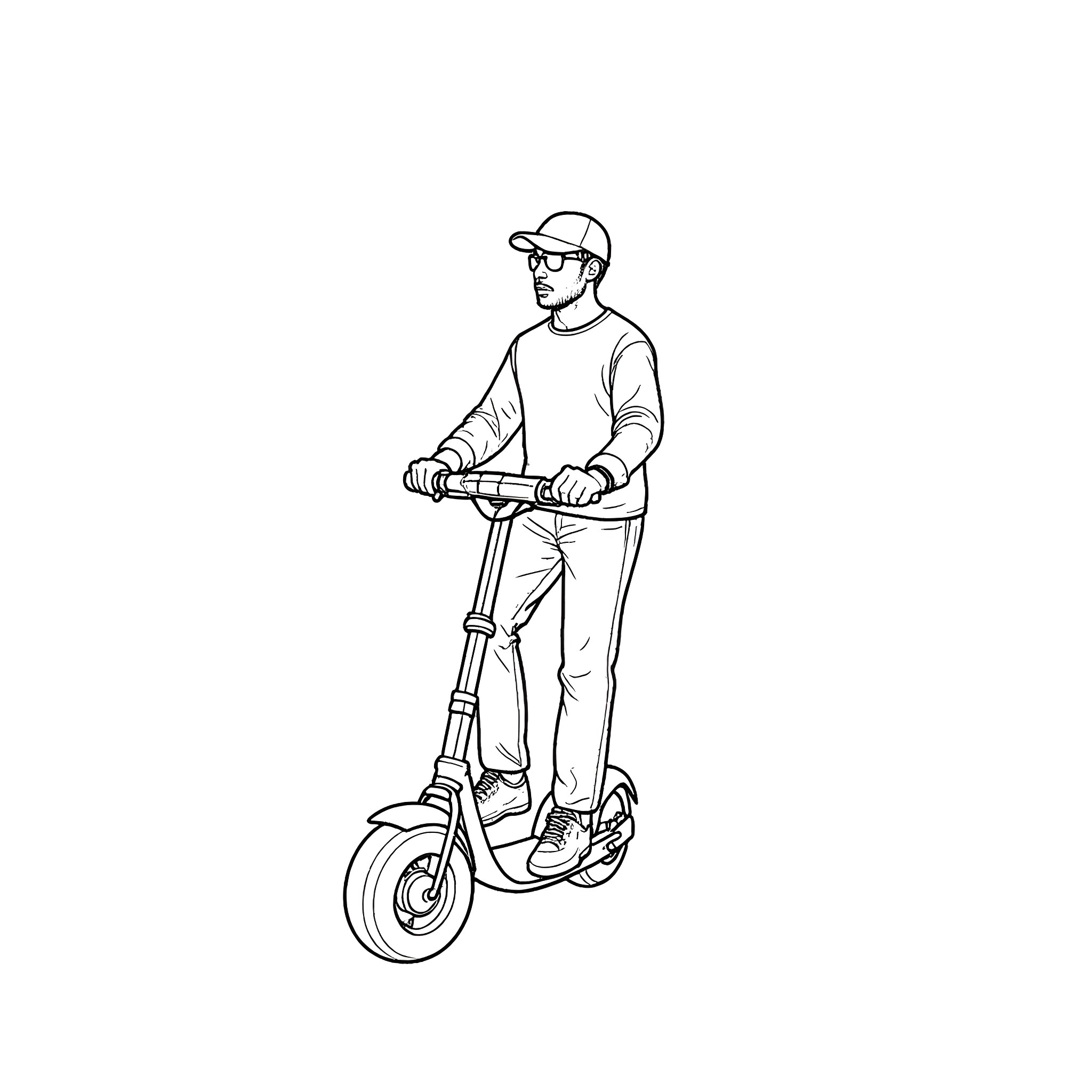 Man riding electric scooter on the street Coloring Page (free black-and-white line drawing printable PDF for all, from beginners to advanced learners, including children, teens, adults, and seniors)