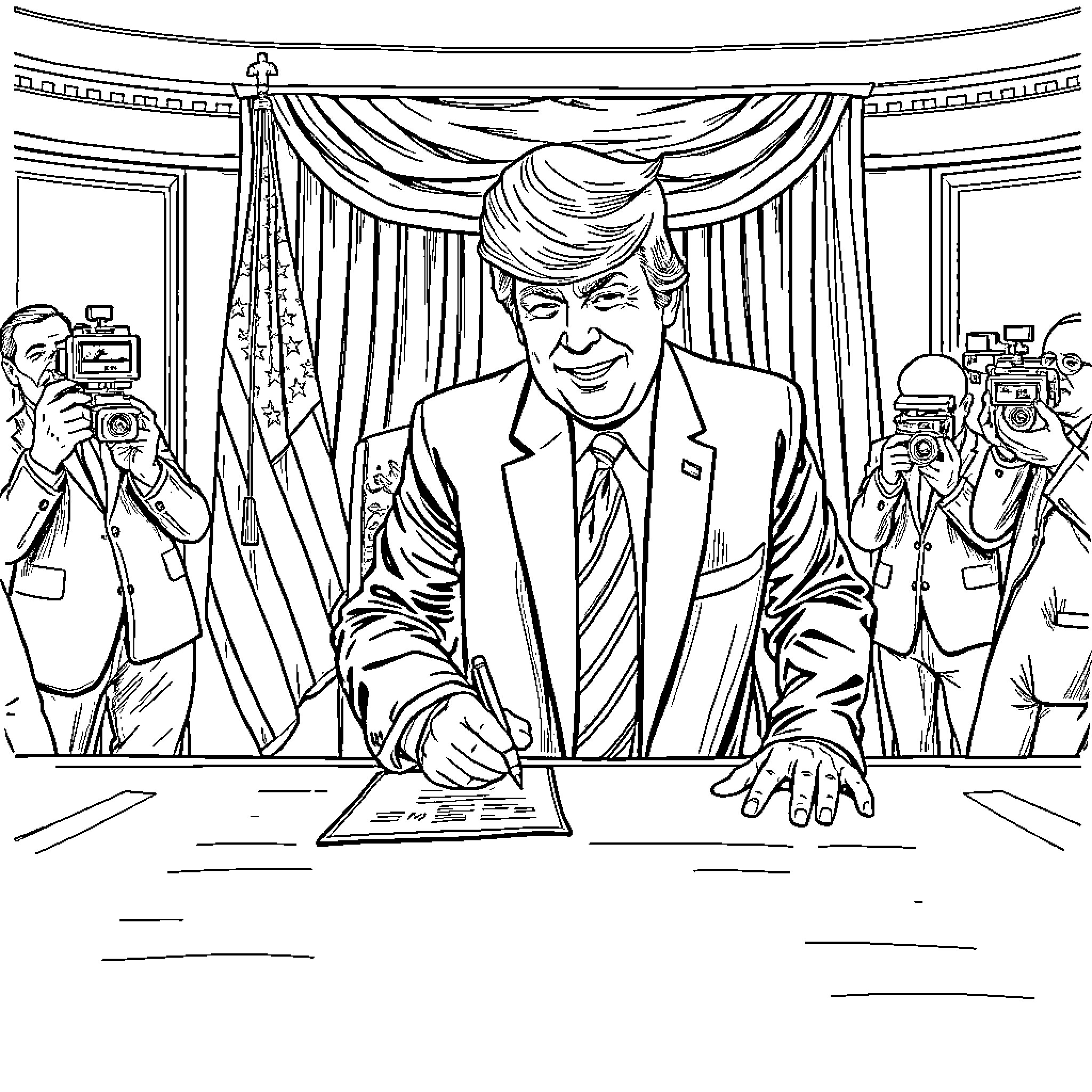 Trump Presiding Over an Eventful Gathering Coloring Page (free black-and-white line drawing printable PDF for all, from beginners to advanced learners, including children, teens, adults, and seniors)