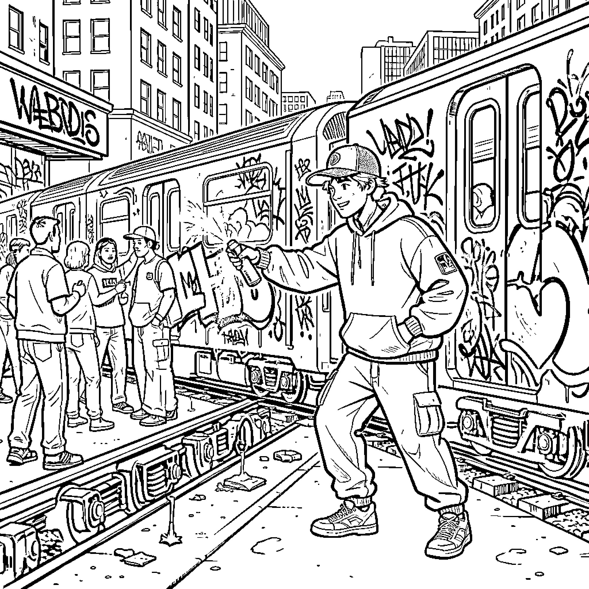 Vandal spray painting graffiti on a subway train Coloring Page (free black-and-white line drawing printable PDF for all, from beginners to advanced learners, including children, teens, adults, and seniors)