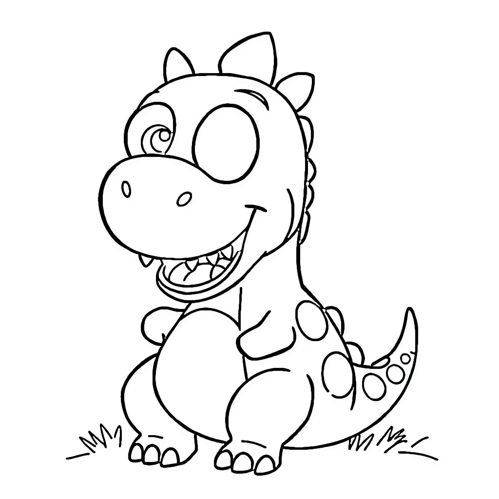 Dino playing happily with big smile Coloring Page (free black-and-white line drawing printable PDF for all, from beginners to advanced learners, including children, teens, adults, and seniors)