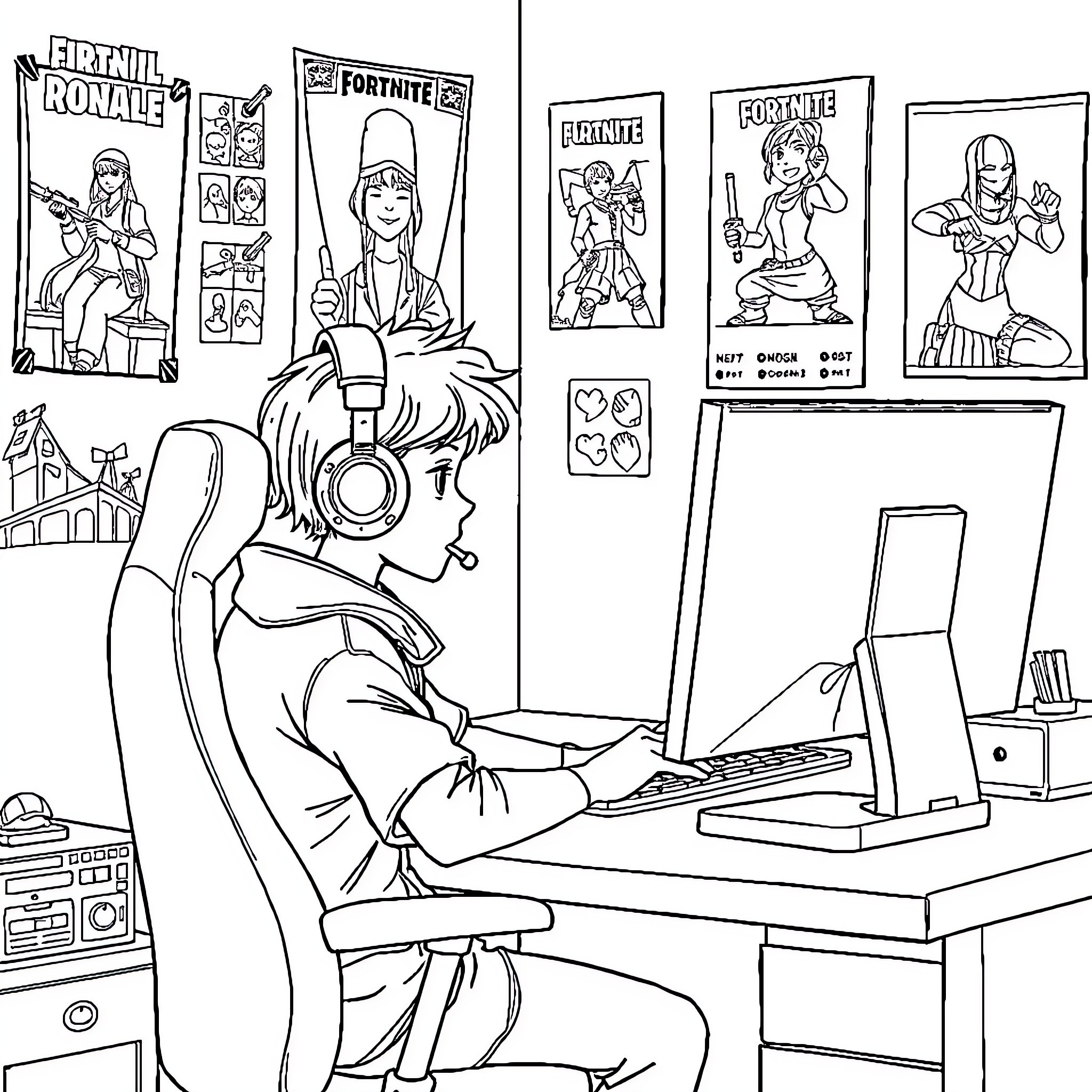 Anime Boy Gaming in Front of Posters Coloring Page (free black-and-white line drawing printable PDF for all, from beginners to advanced learners, including children, teens, adults, and seniors)