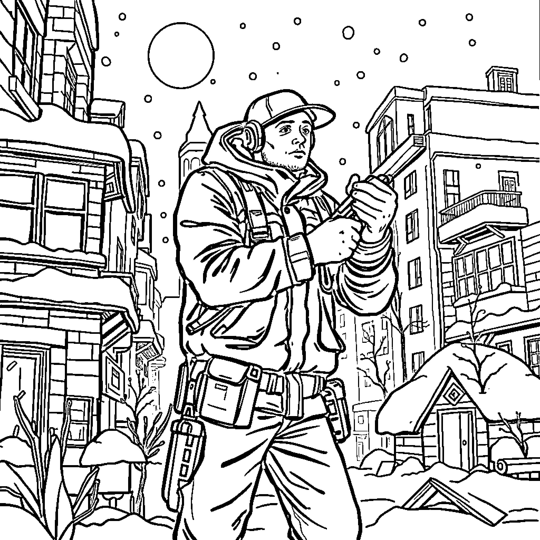 Contractor Inspecting Construction Site in Snowy City Coloring Page (free black-and-white line drawing printable PDF for all, from beginners to advanced learners, including children, teens, adults, and seniors)