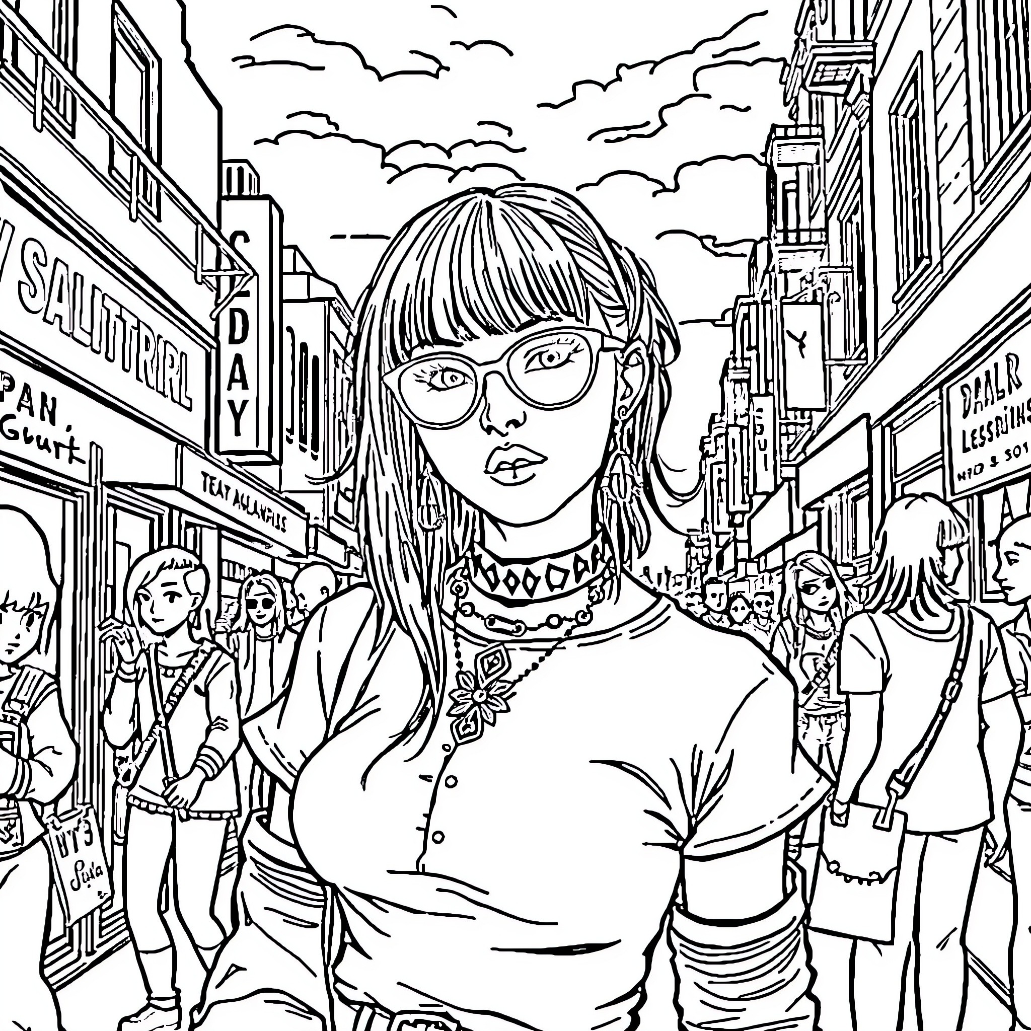 Goth Lesbian in an urban street scene Coloring Page (free black-and-white line drawing printable PDF for all, from beginners to advanced learners, including children, teens, adults, and seniors)