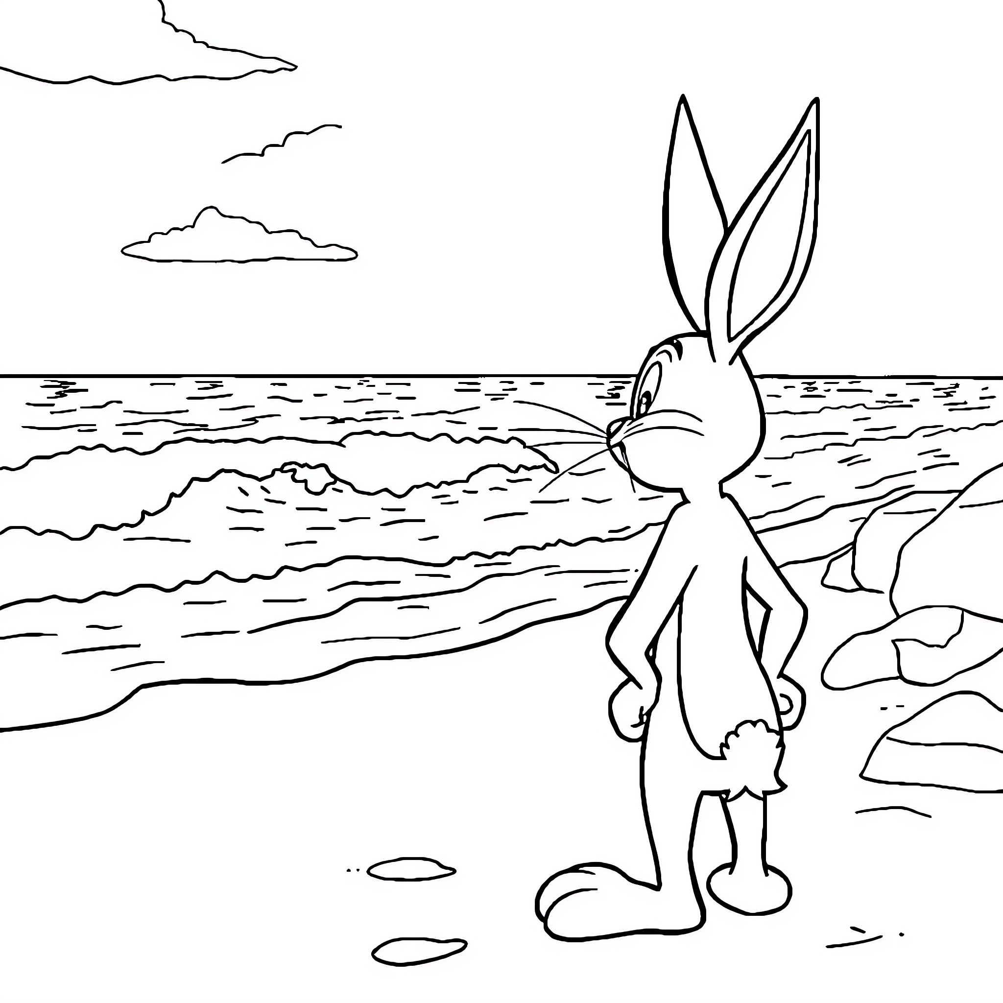 Bugs Bunny enjoying the ocean scenery Coloring Page (free black-and-white line drawing printable PDF for all, from beginners to advanced learners, including children, teens, adults, and seniors)