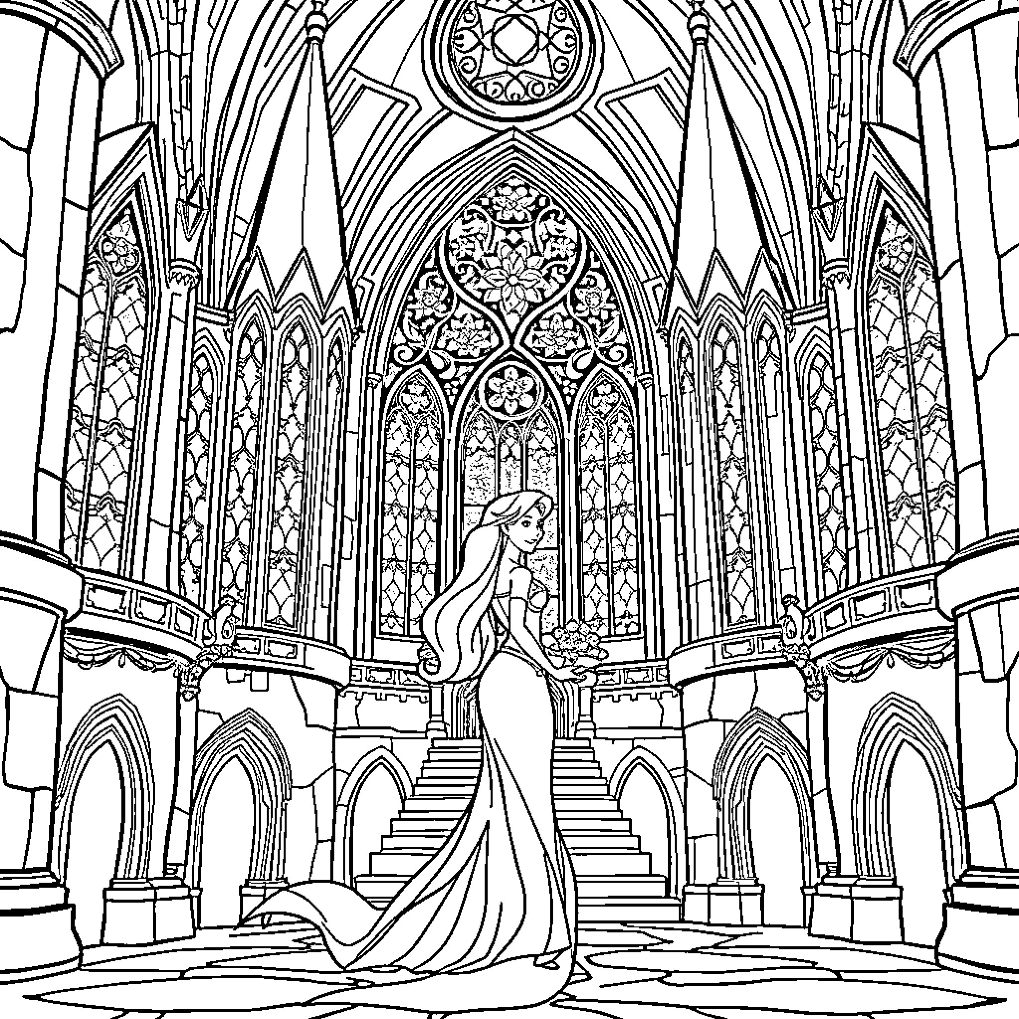 Ariel in a Majestic Cathedral Coloring Page (free black-and-white line drawing printable PDF for all, from beginners to advanced learners, including children, teens, adults, and seniors)