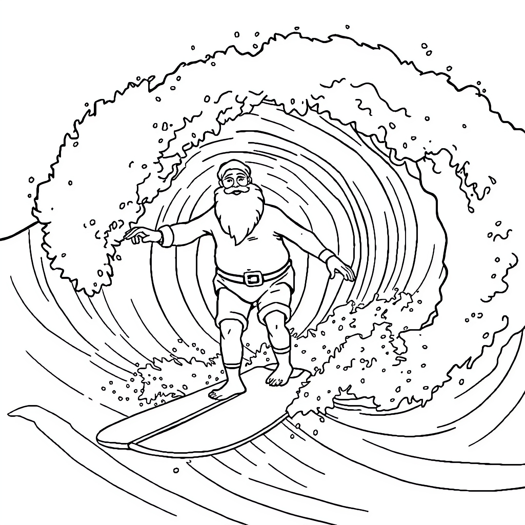 Santa Surfing on Gigantic Wave Coloring Page (free black-and-white line drawing printable PDF for all, from beginners to advanced learners, including children, teens, adults, and seniors)