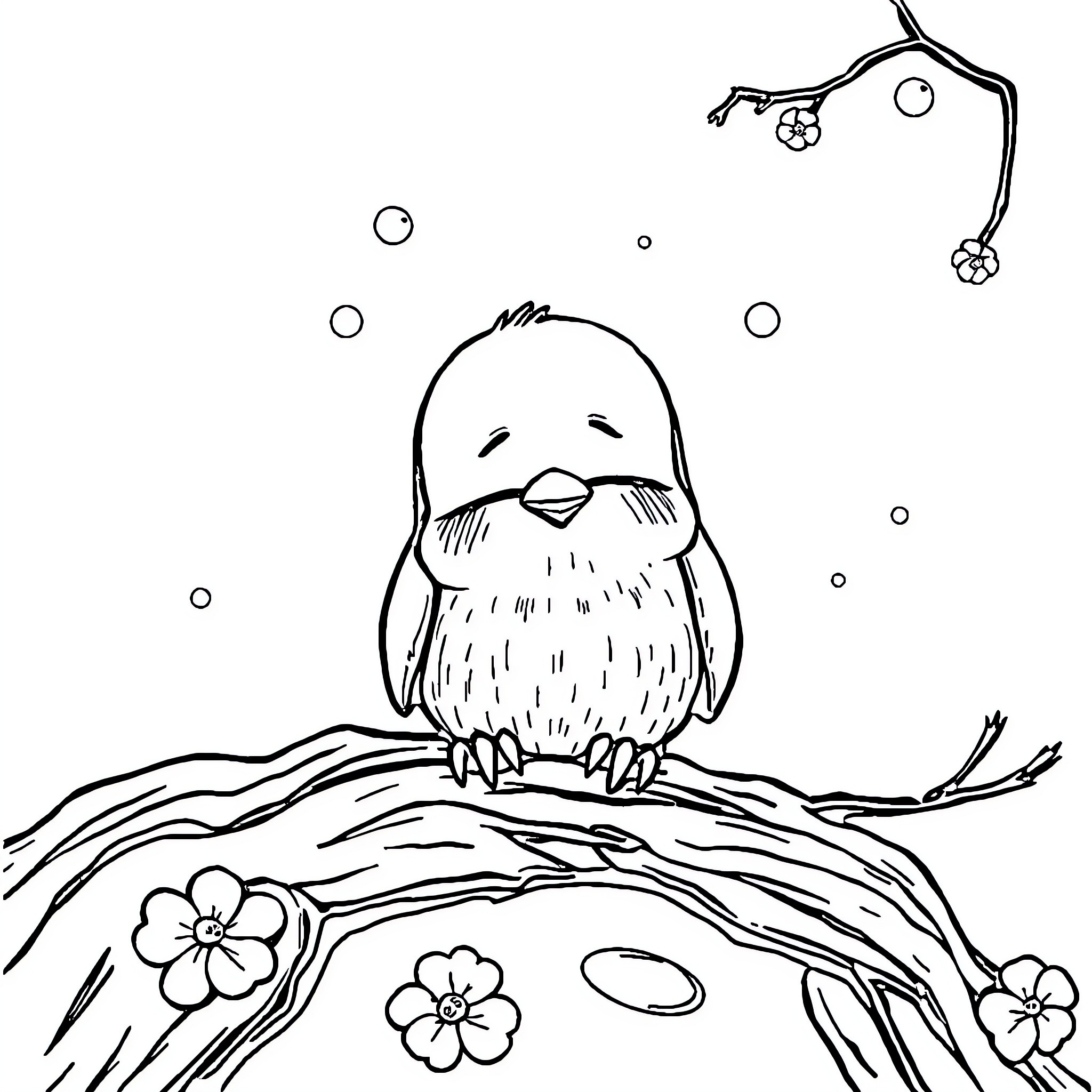 Hangman bird perching on a branch with flowers Coloring Page (free black-and-white line drawing printable PDF for all, from beginners to advanced learners, including children, teens, adults, and seniors)