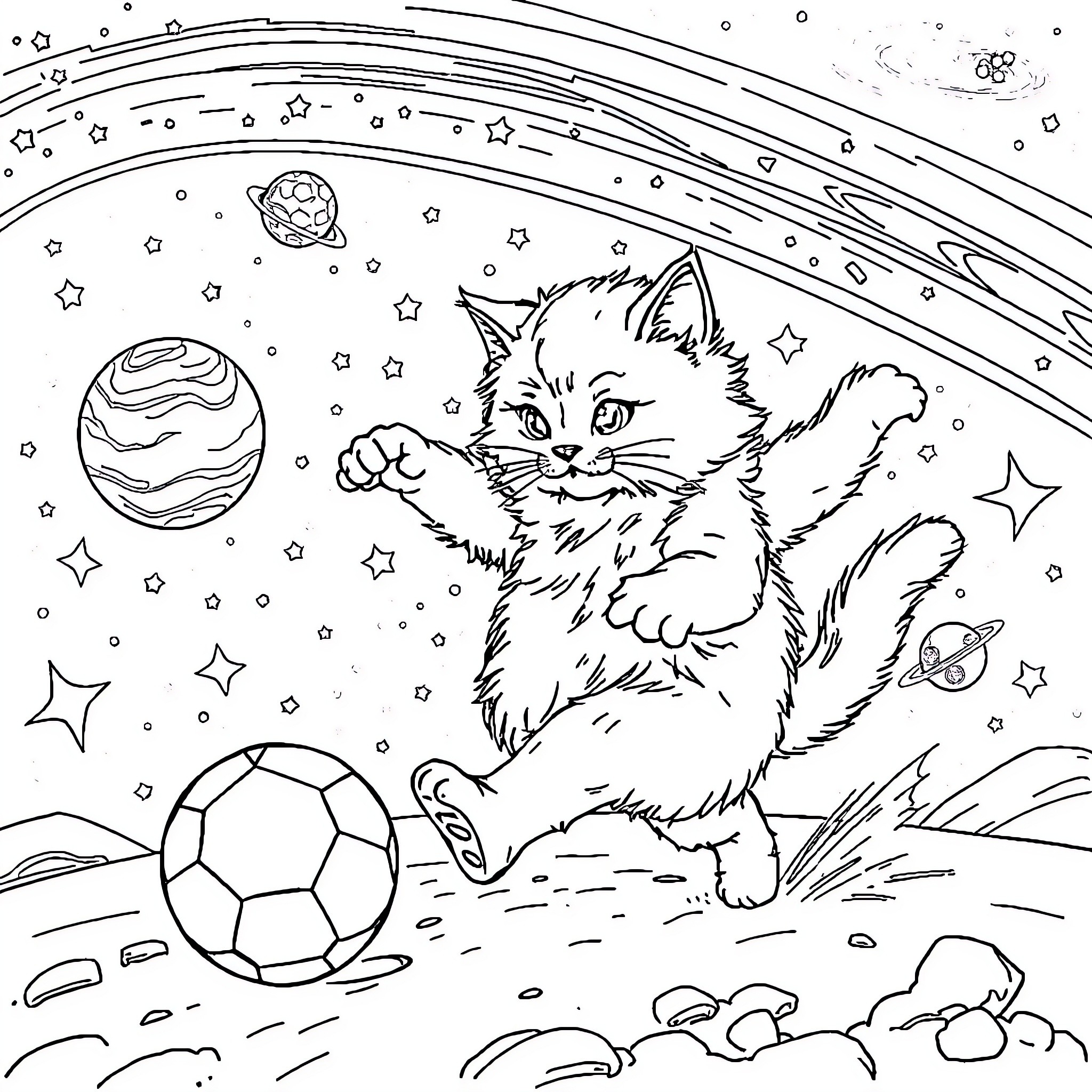 Cat exploring cosmic wonders in the galaxy Coloring Page (free black-and-white line drawing printable PDF for all, from beginners to advanced learners, including children, teens, adults, and seniors)